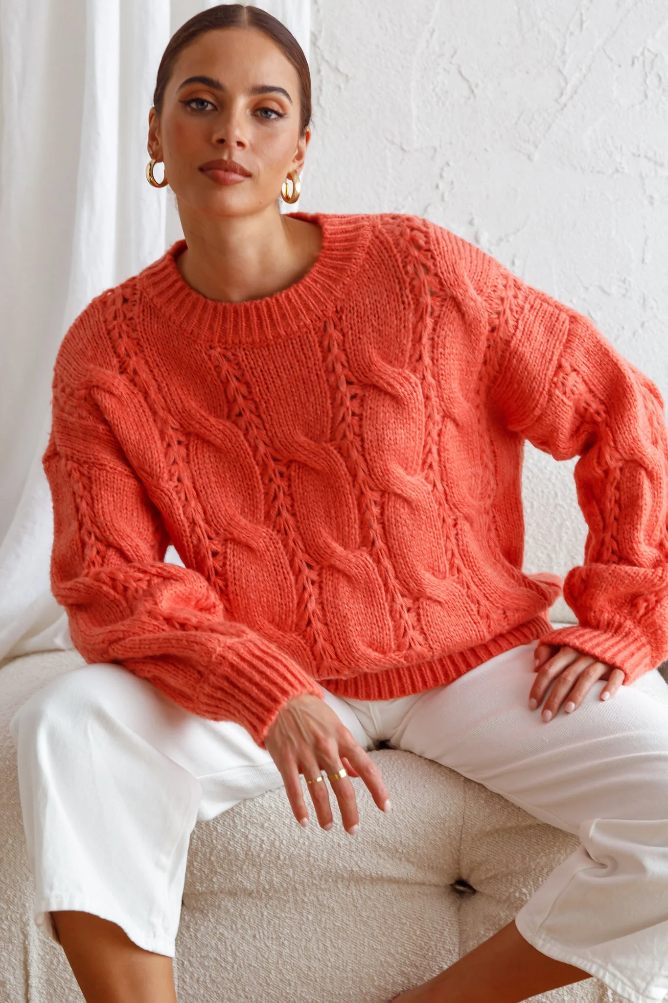 Nicola Long Sleeve Chunky Cable Knit Sweater Peach - Image 6