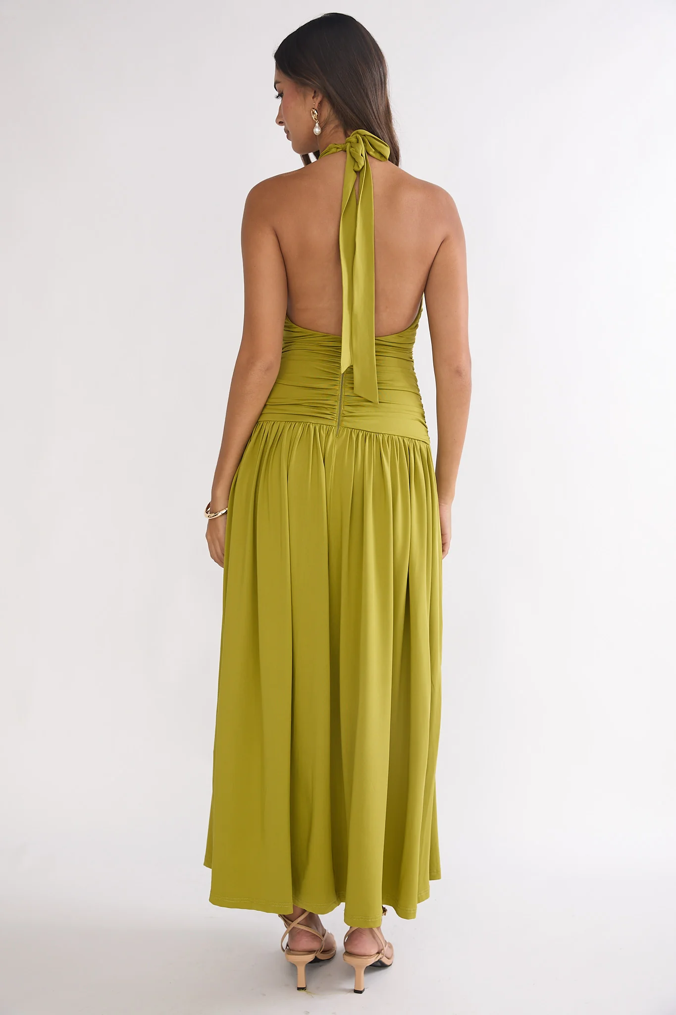 Nightbloom Ruched Waist Halter Maxi Dress Olive - Image 2