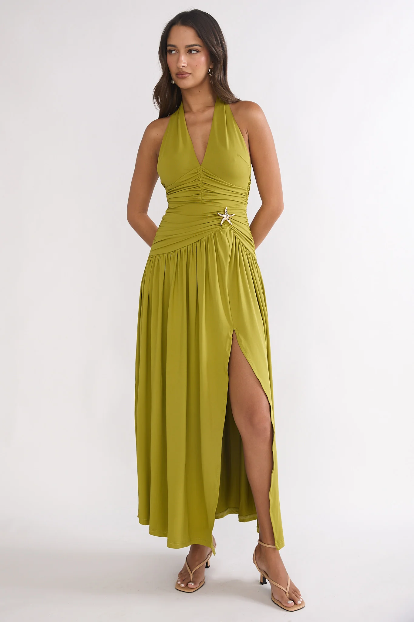 Nightbloom Ruched Waist Halter Maxi Dress Olive - Image 4