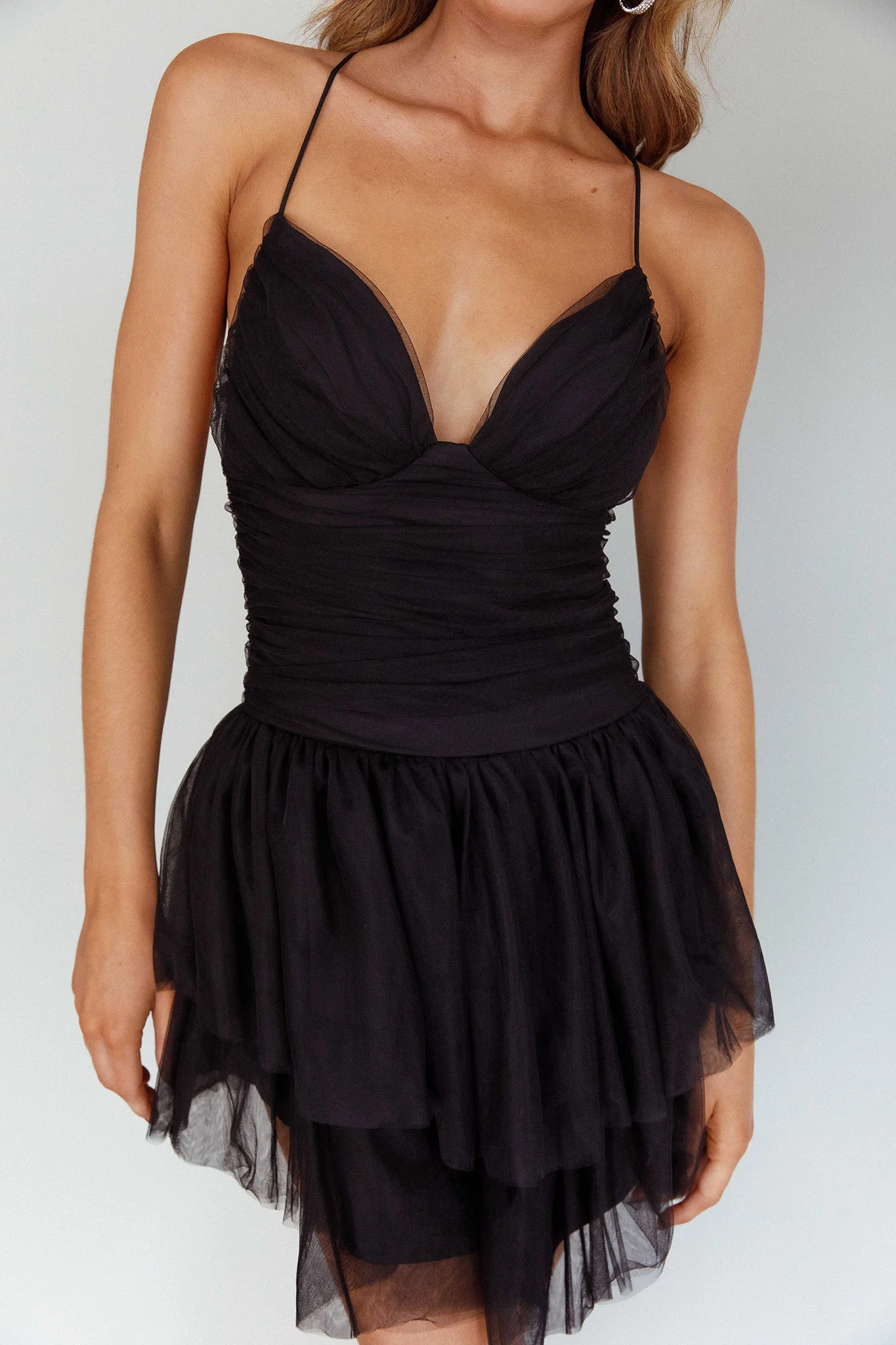 Nightingale Ruched Mesh Mini Dress Black - Image 6
