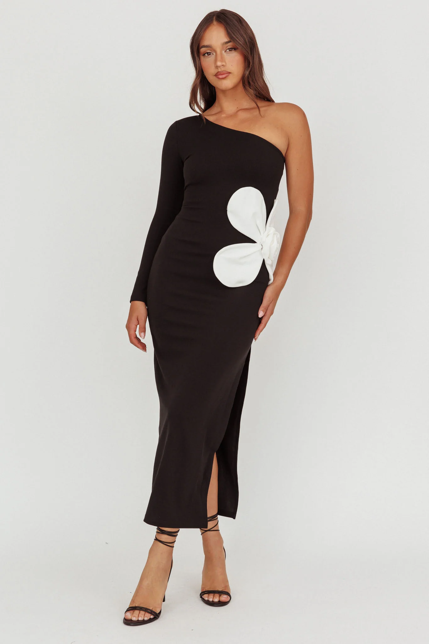 No Competition One-Shoulder Oversized Flower Maxi Dress Black - Image 4