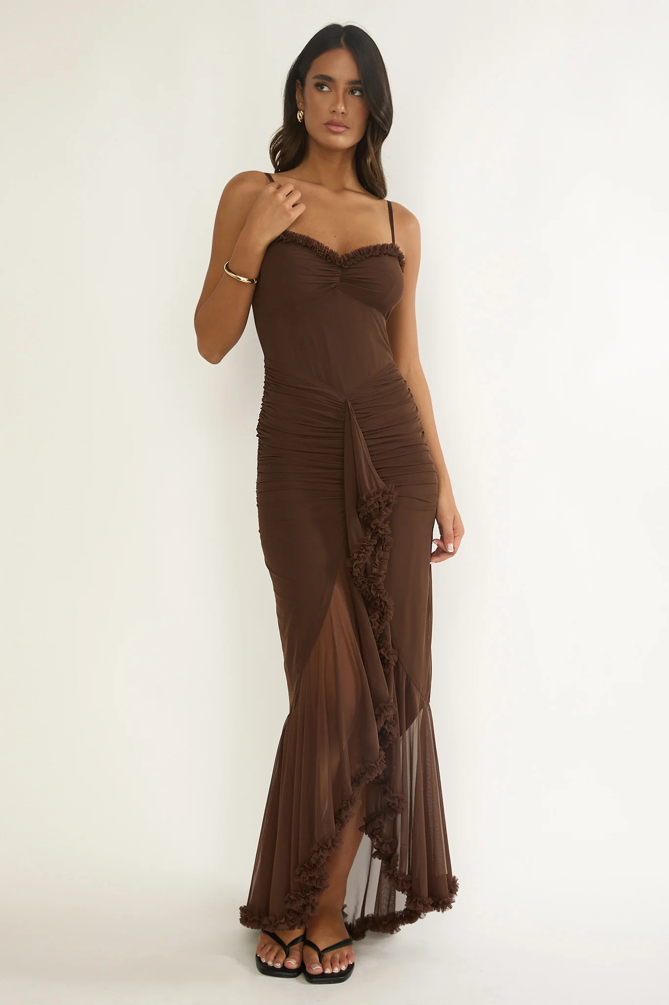 Noelia Gathered Waist Frill Trim Maxi Dress Chocolate - Image 5
