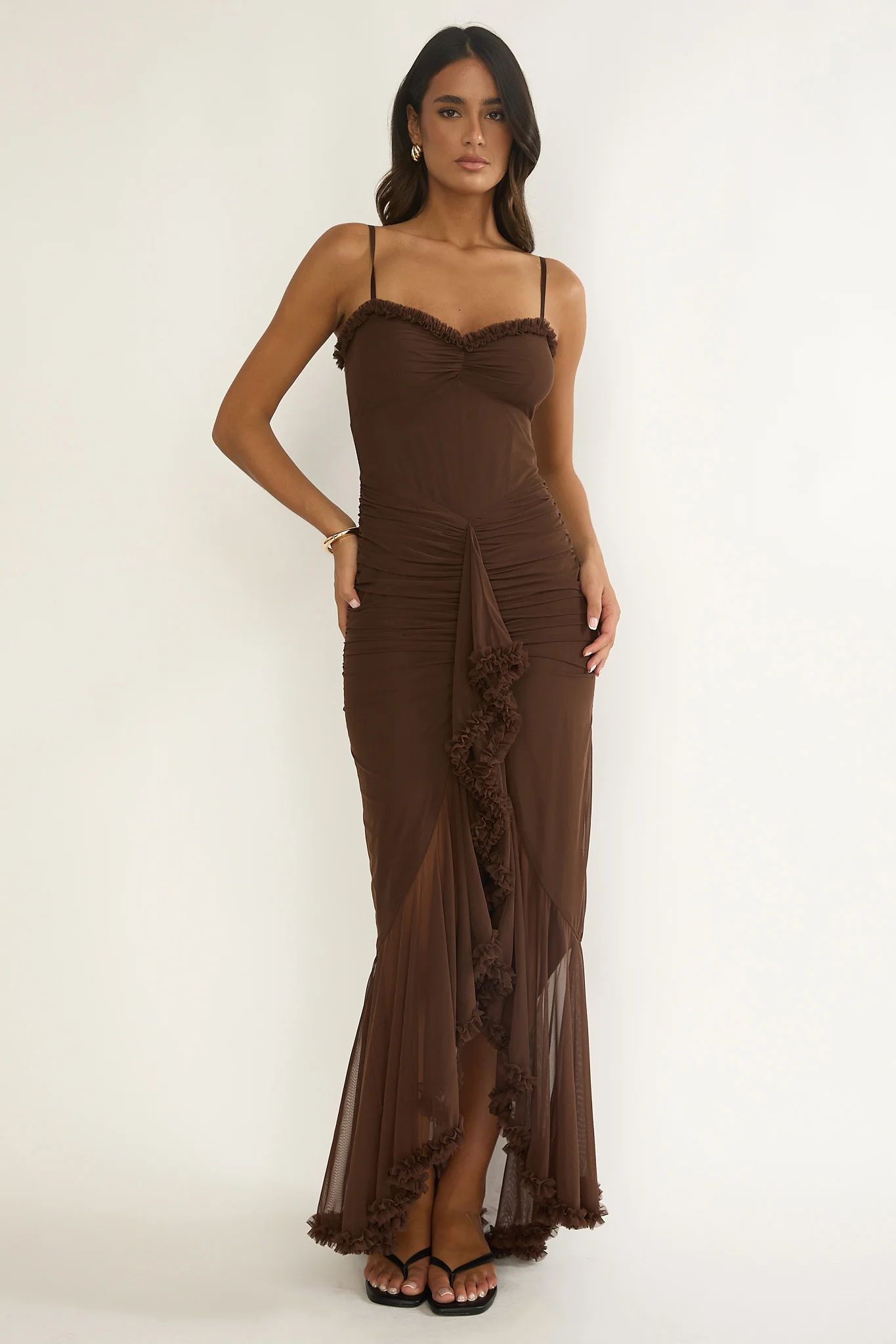 Noelia Gathered Waist Frill Trim Maxi Dress Chocolate - Image 6