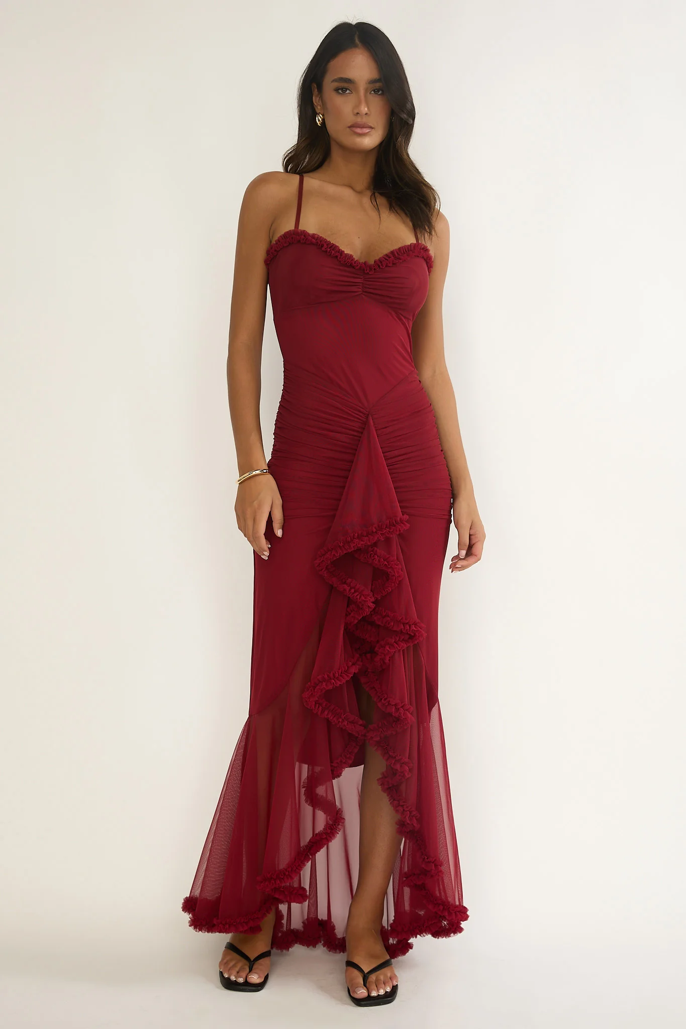 Noelia Gathered Waist Frill Trim Maxi Dress Wine - Image 5