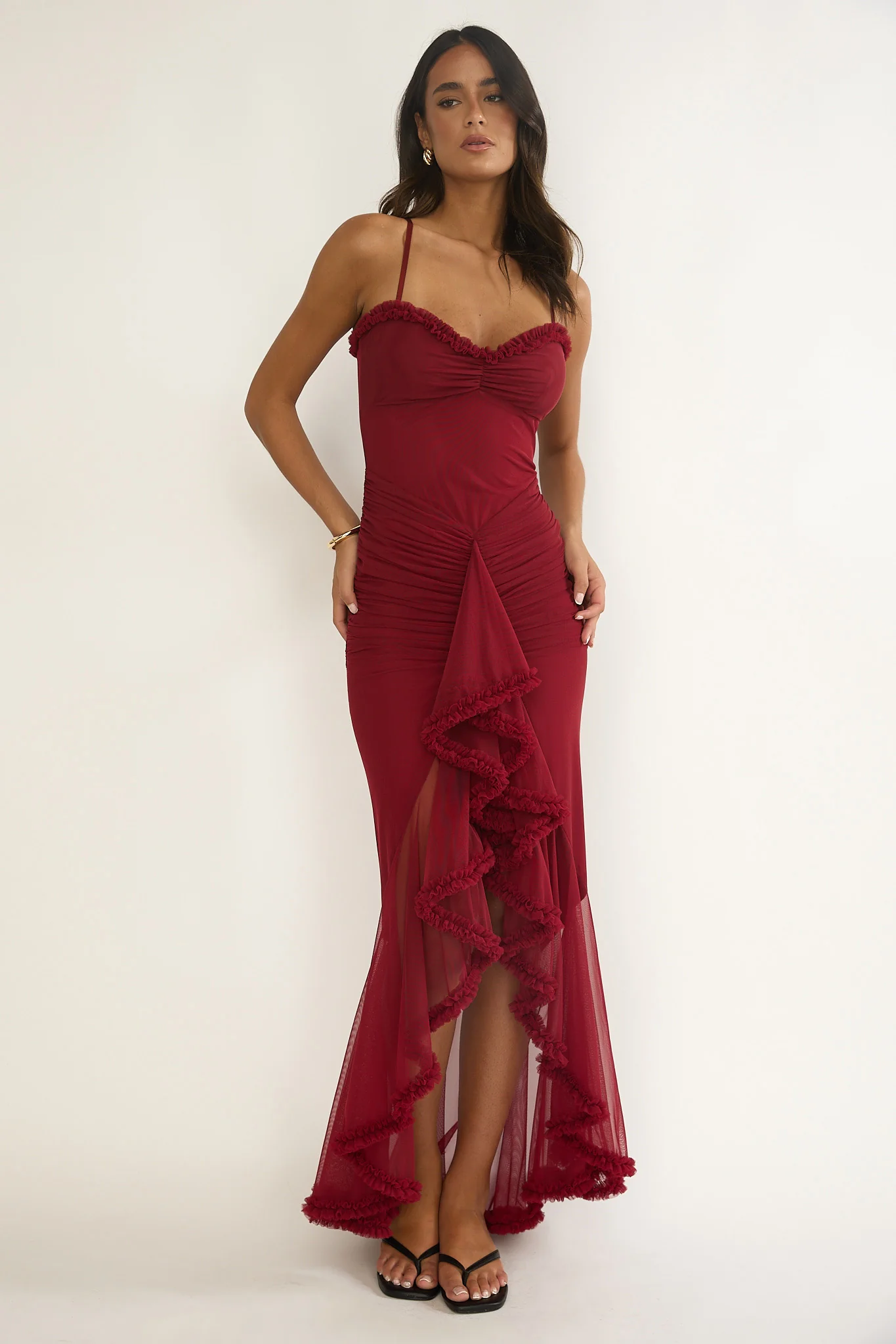 Noelia Gathered Waist Frill Trim Maxi Dress Wine - Image 6