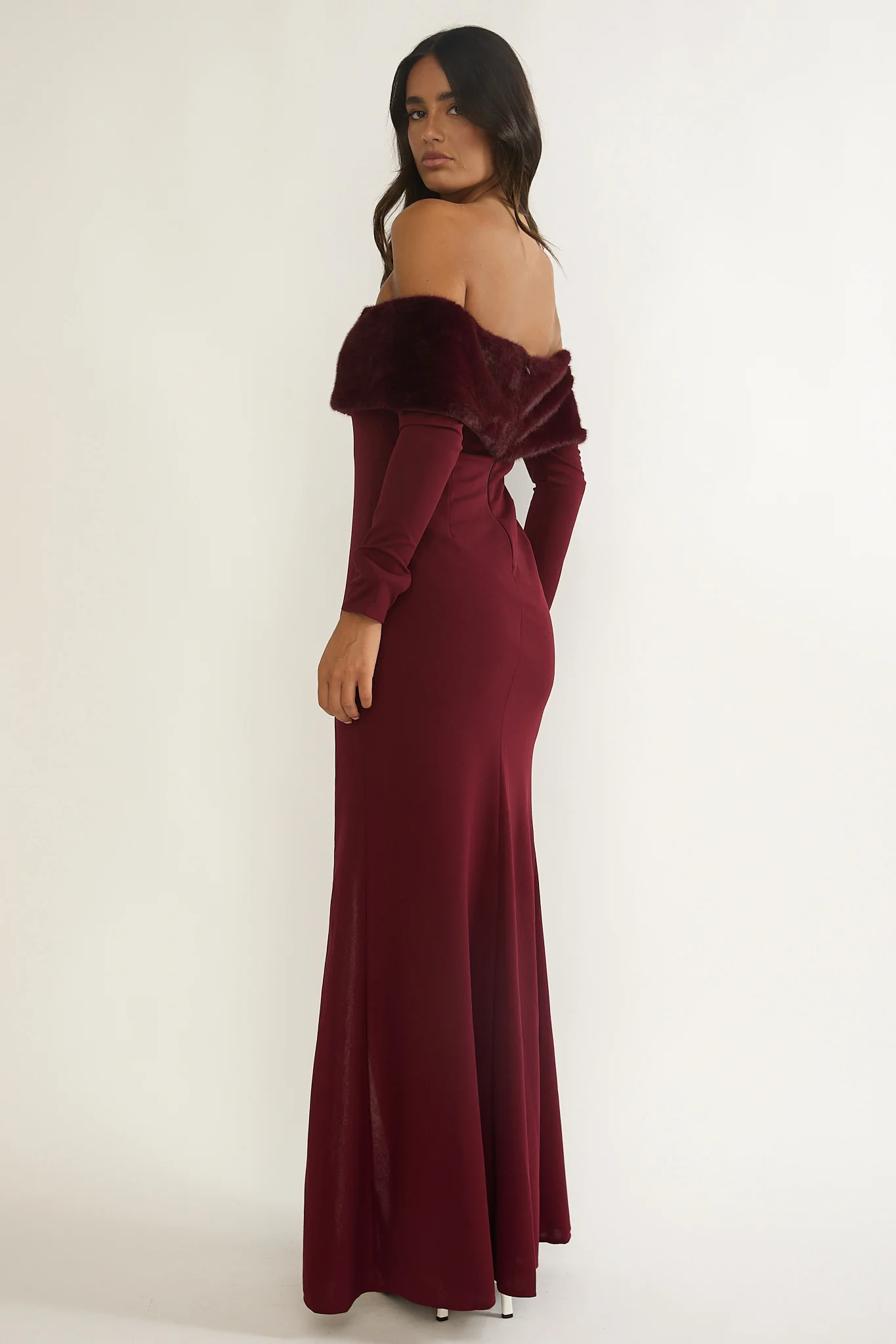Noella Off-Shoulder Fur Trim Maxi Dress Wine - Image 5