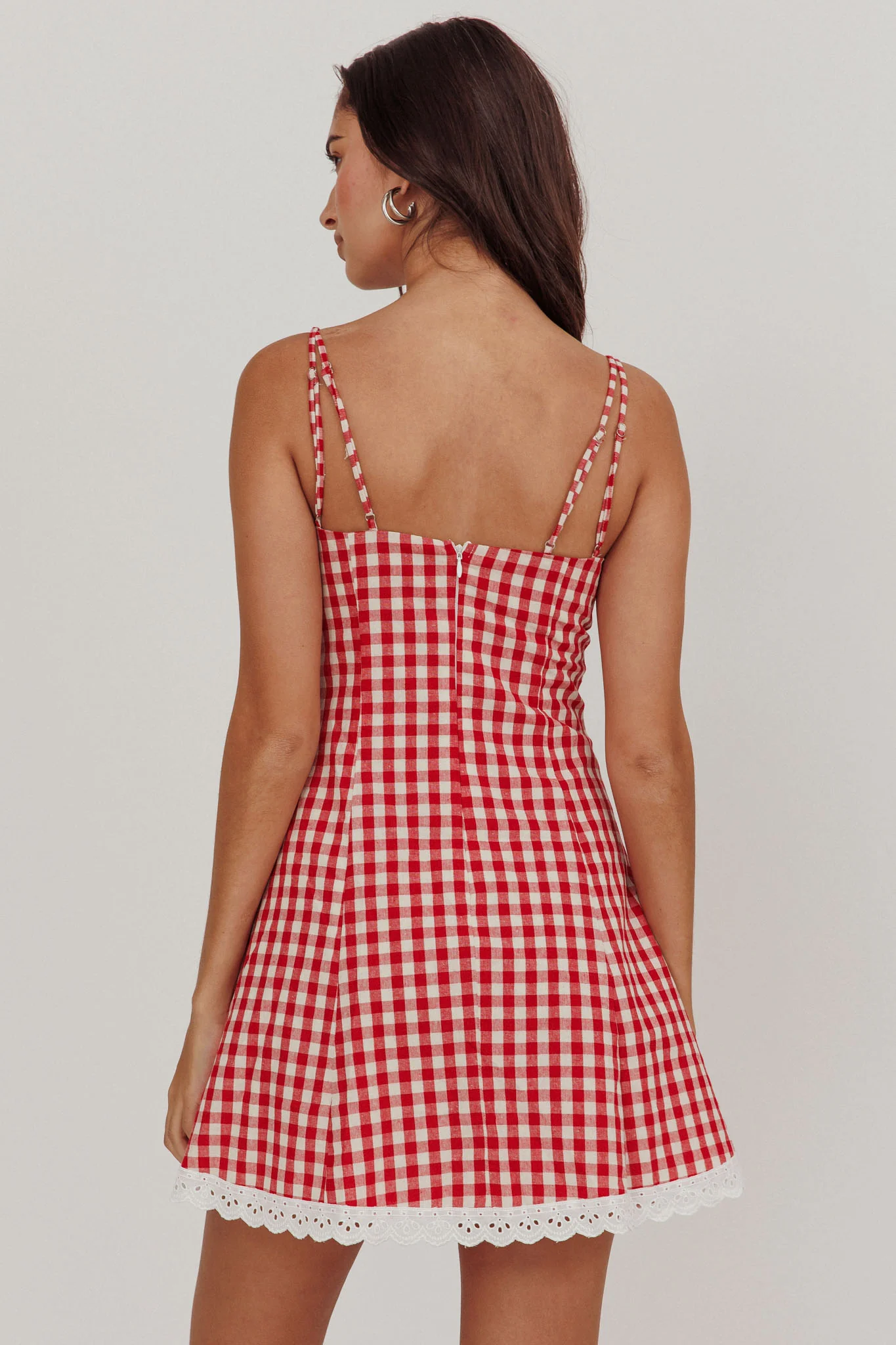 Noelle Lace Trim Mini Dress Gingham Red - Image 3