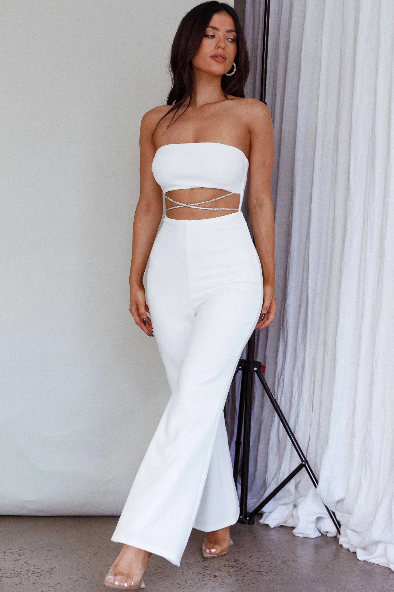 Nohemi Strapless Diamante Jumpsuit White - Image 7