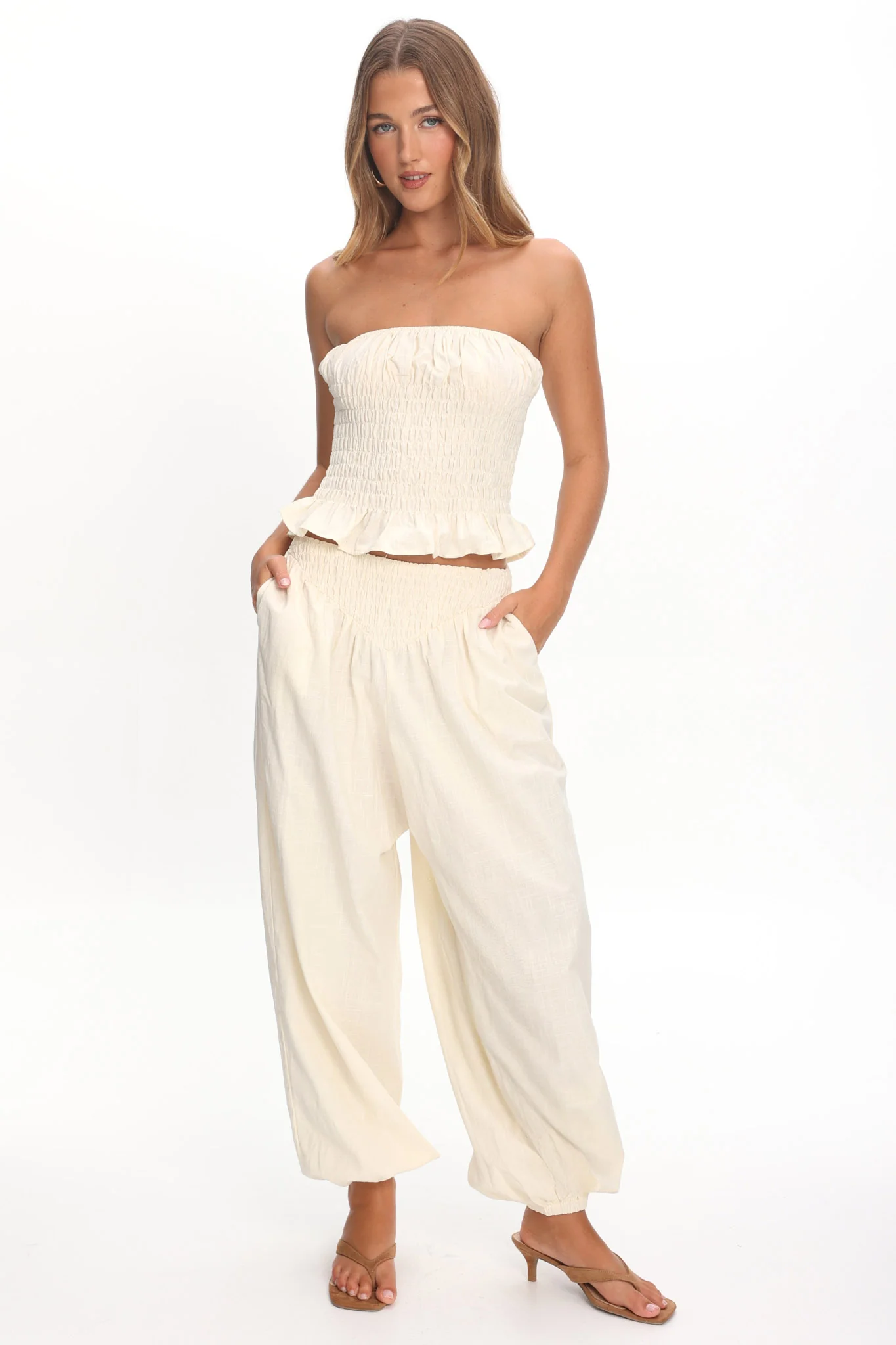 Norina Shirred Strapless Top Cream - Image 2