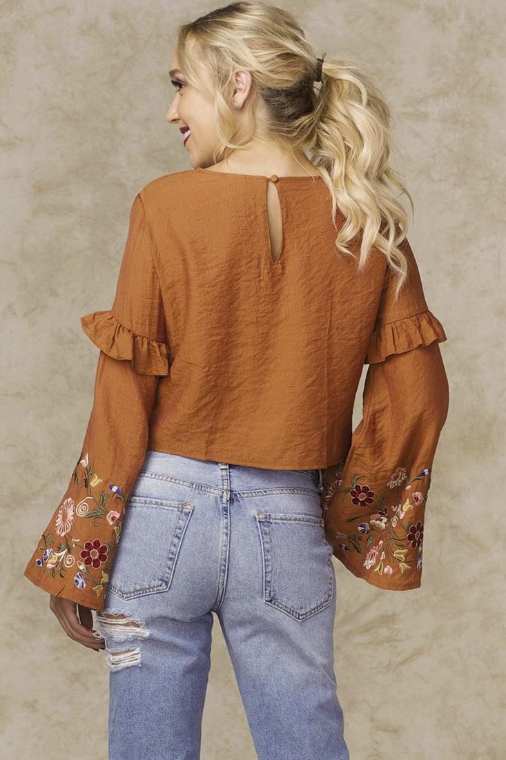Normani Floral Bell Sleeved Crop Top Orange - Image 5