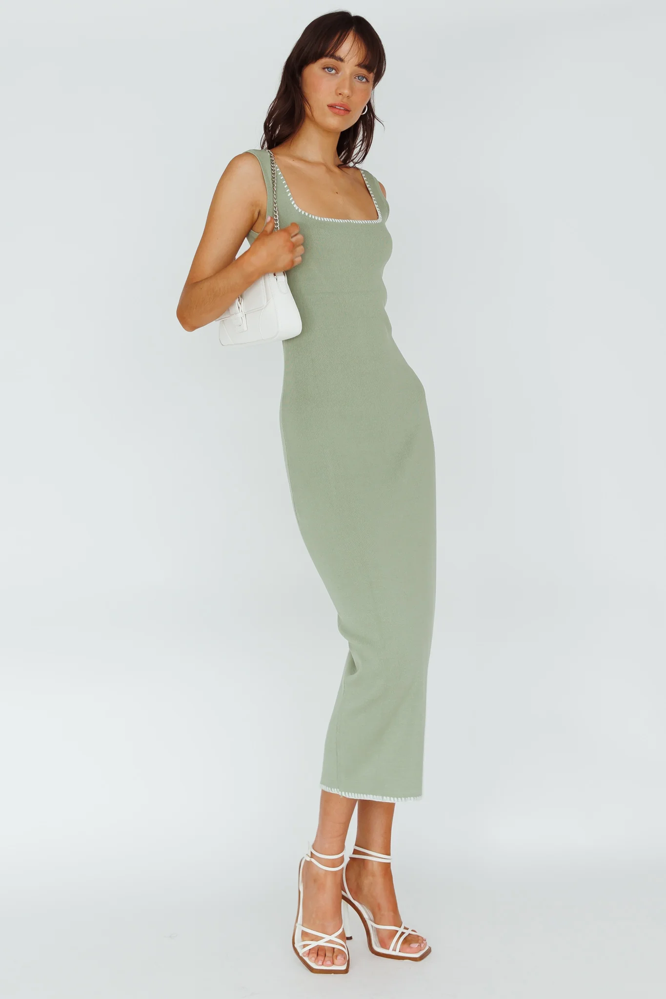 North Shore Blanket Stitch Knit Maxi Dress Sage - Image 3