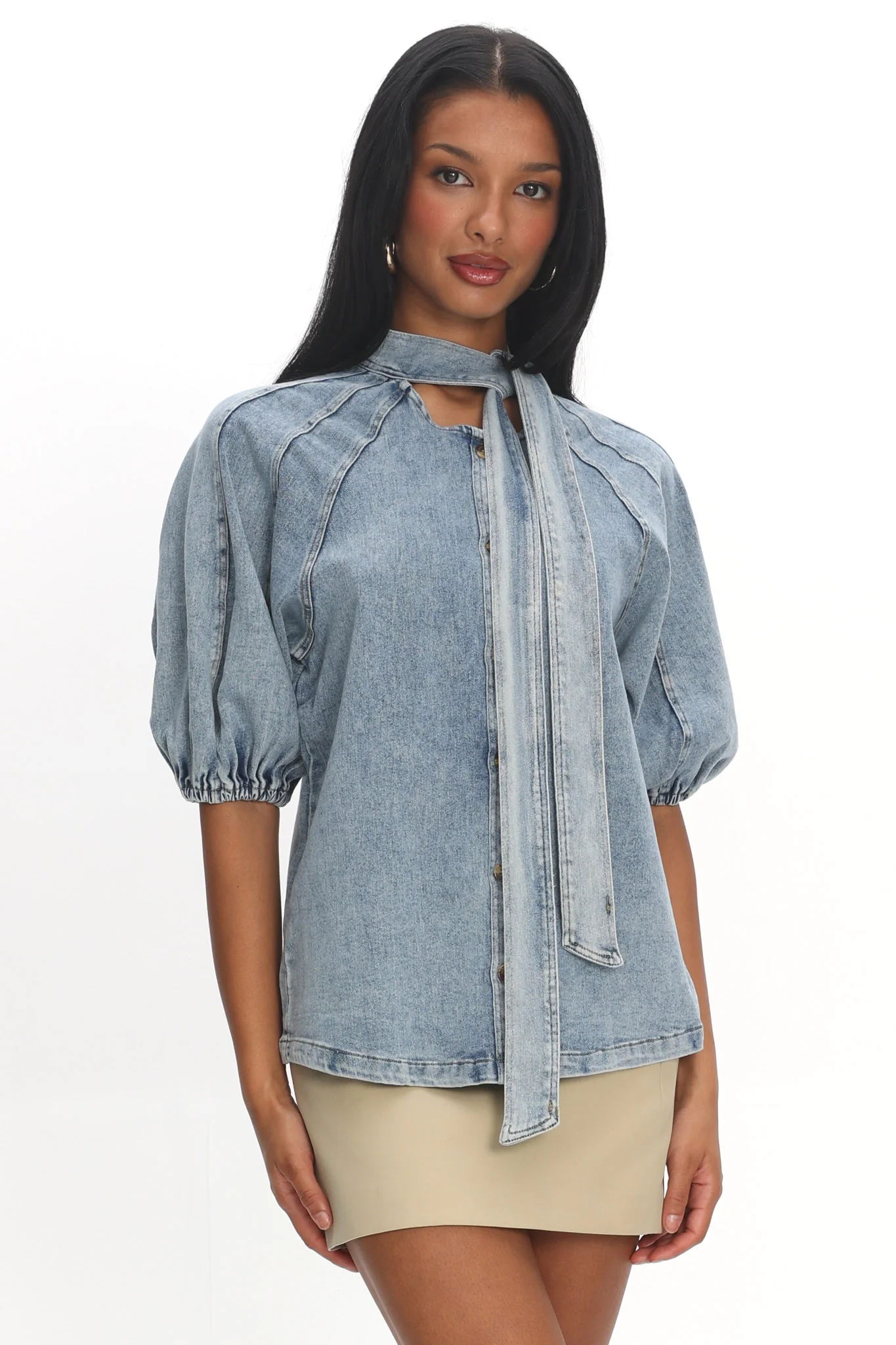 Notice Me Puff Sleeve Neck Bow Top Denim Blue - Image 5