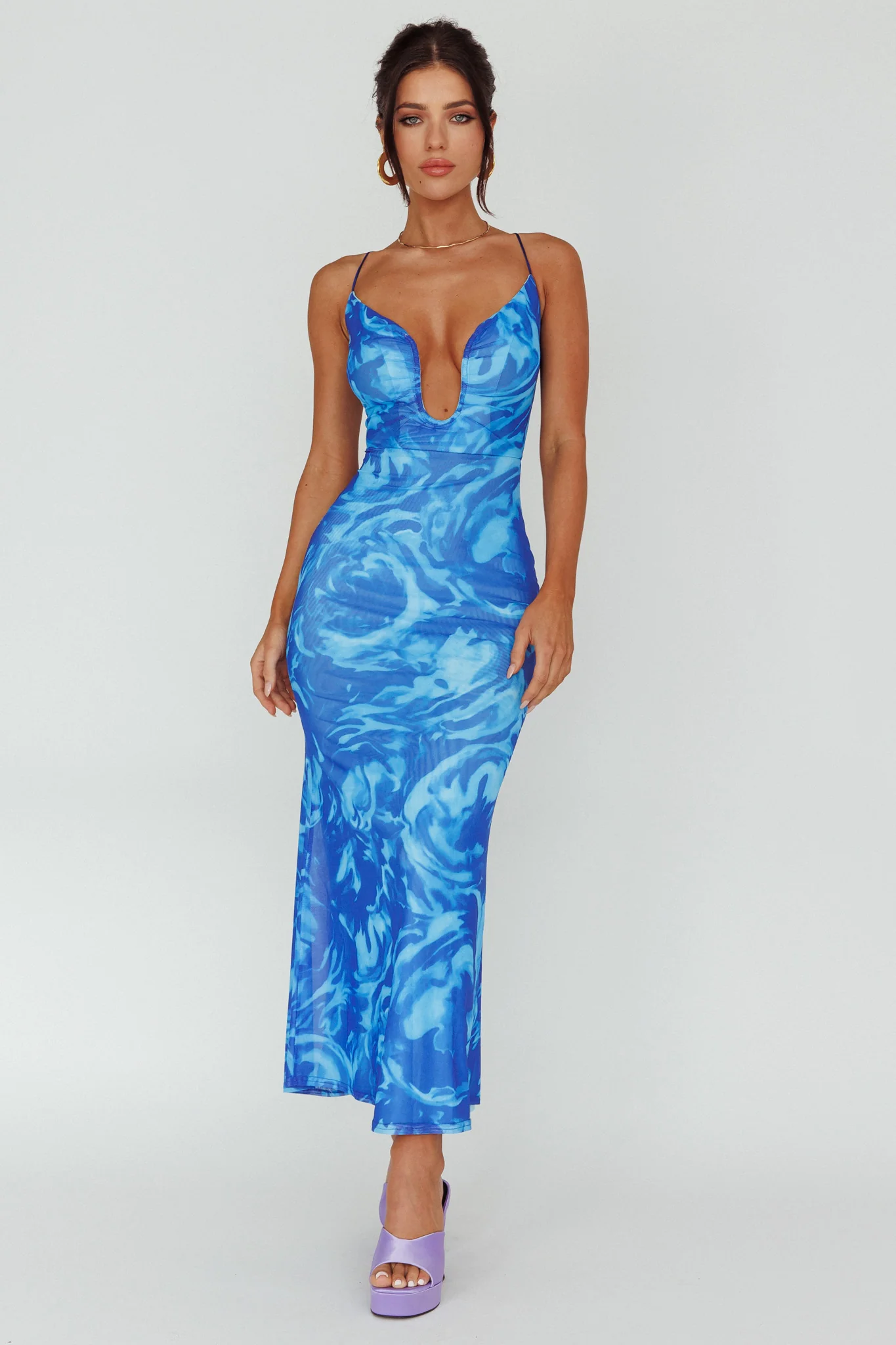 Nouveau U-Neckline Midi Dress Marbled Blue - Image 3