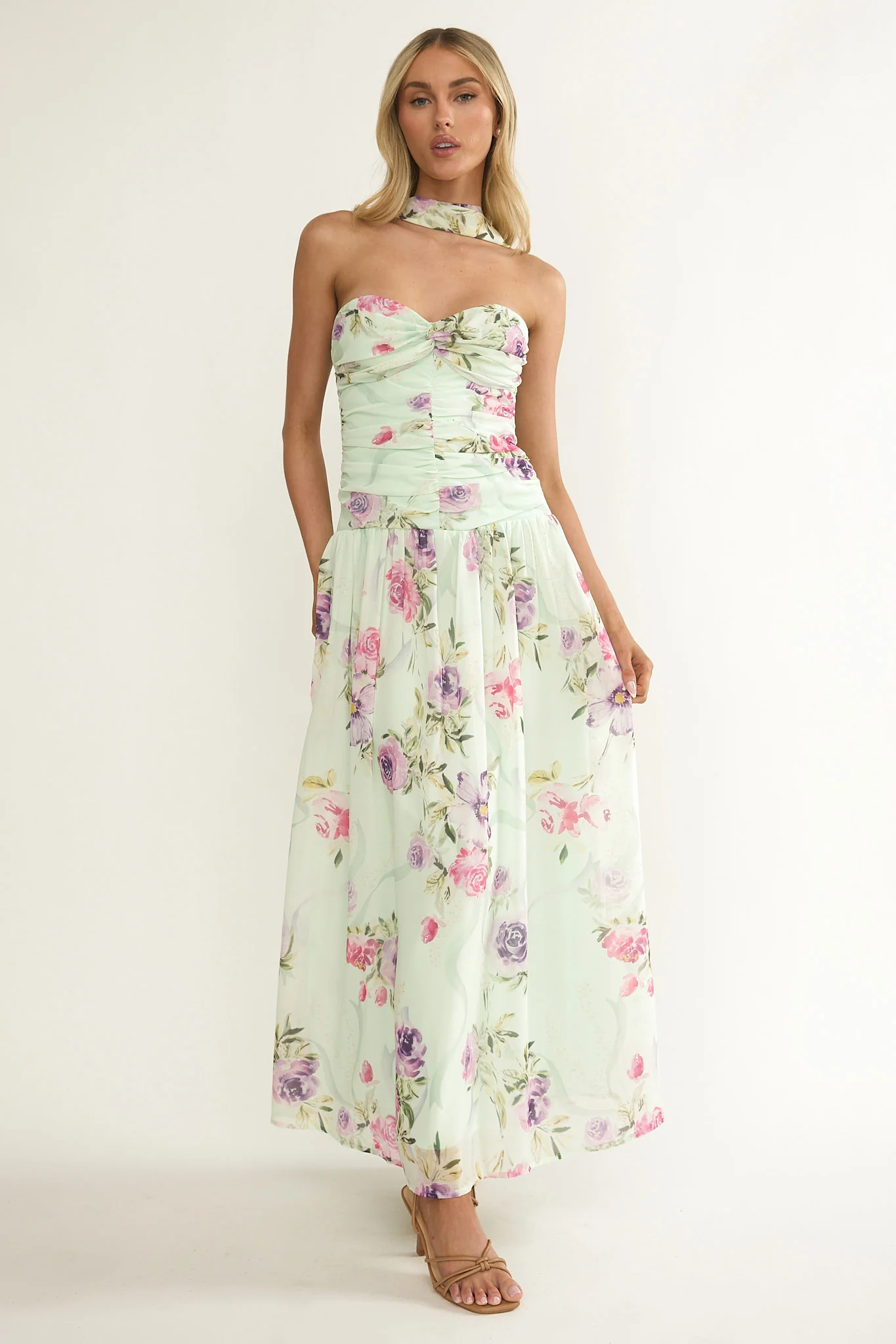 Novarra Twist Bust Strapless Maxi Dress Floral Mint - Image 5