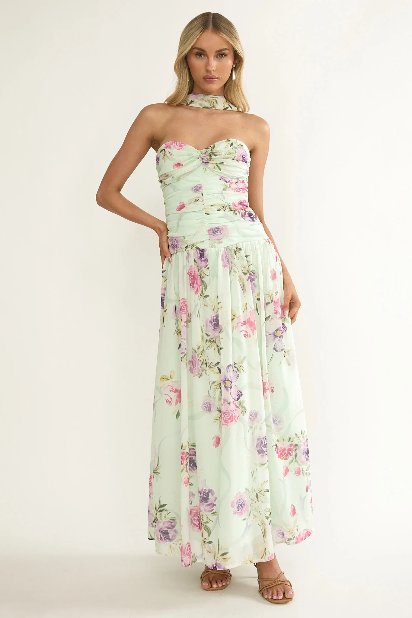 Novarra Twist Bust Strapless Maxi Dress Floral Mint - Image 6