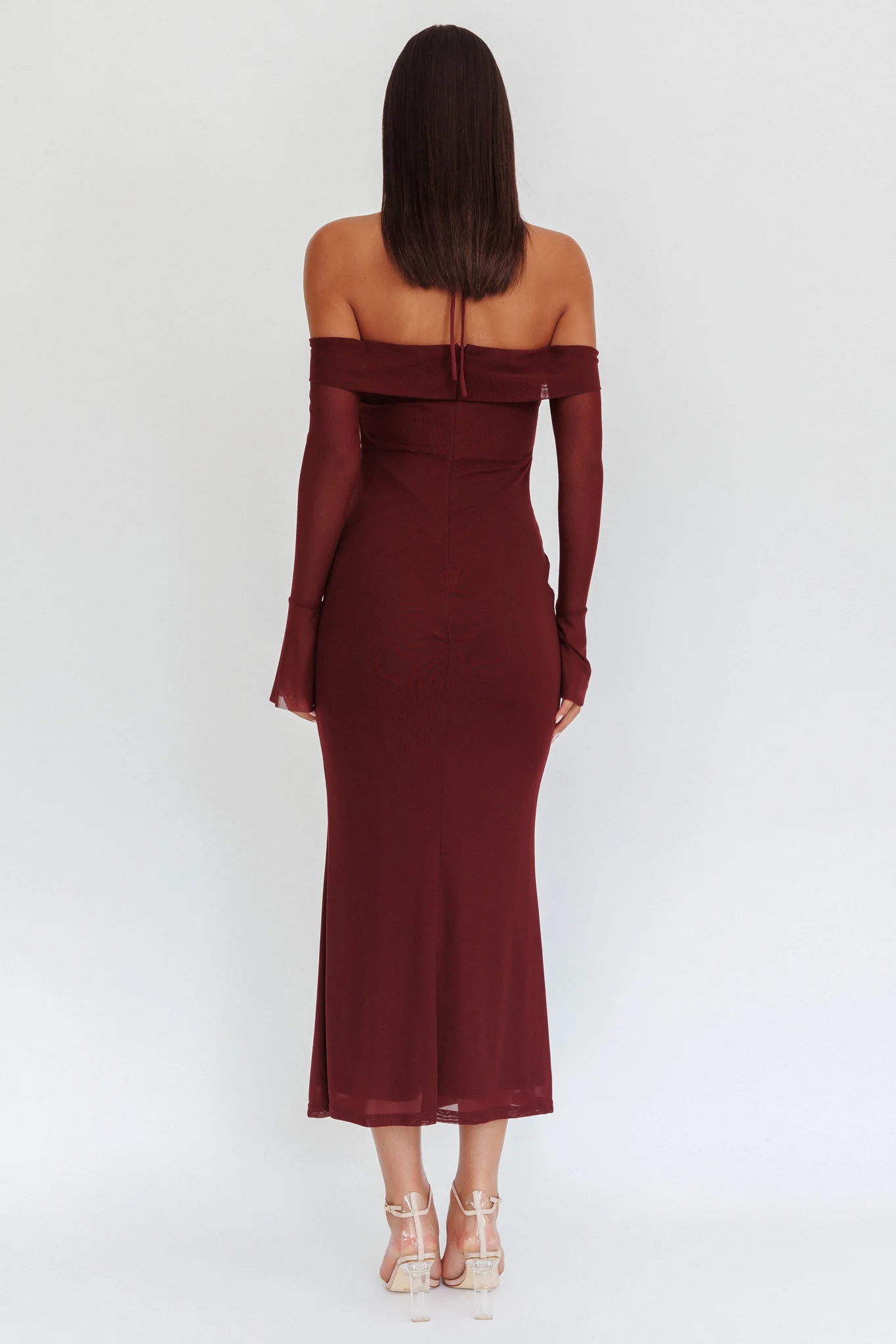 Numbers Game Off-Shoulder Halter Maxi Dress Chocolate - Image 2