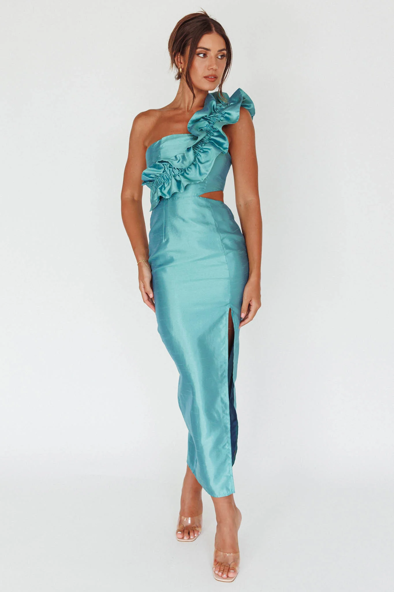 NY Moment Wide Ruffle Shoulder Dress Forest Green - Image 3