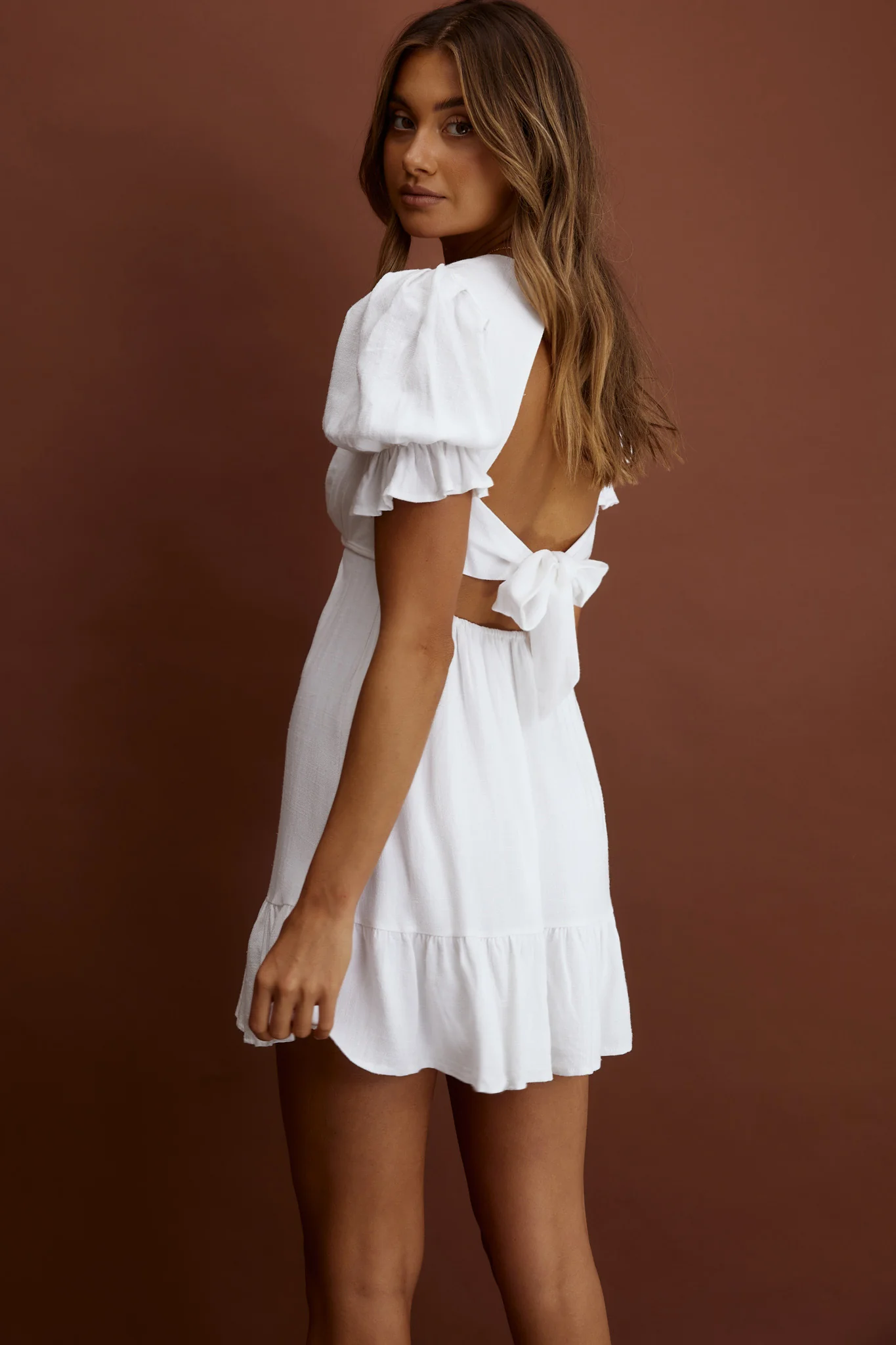 Nylah Puff Sleeve Tied Dress White - Image 2