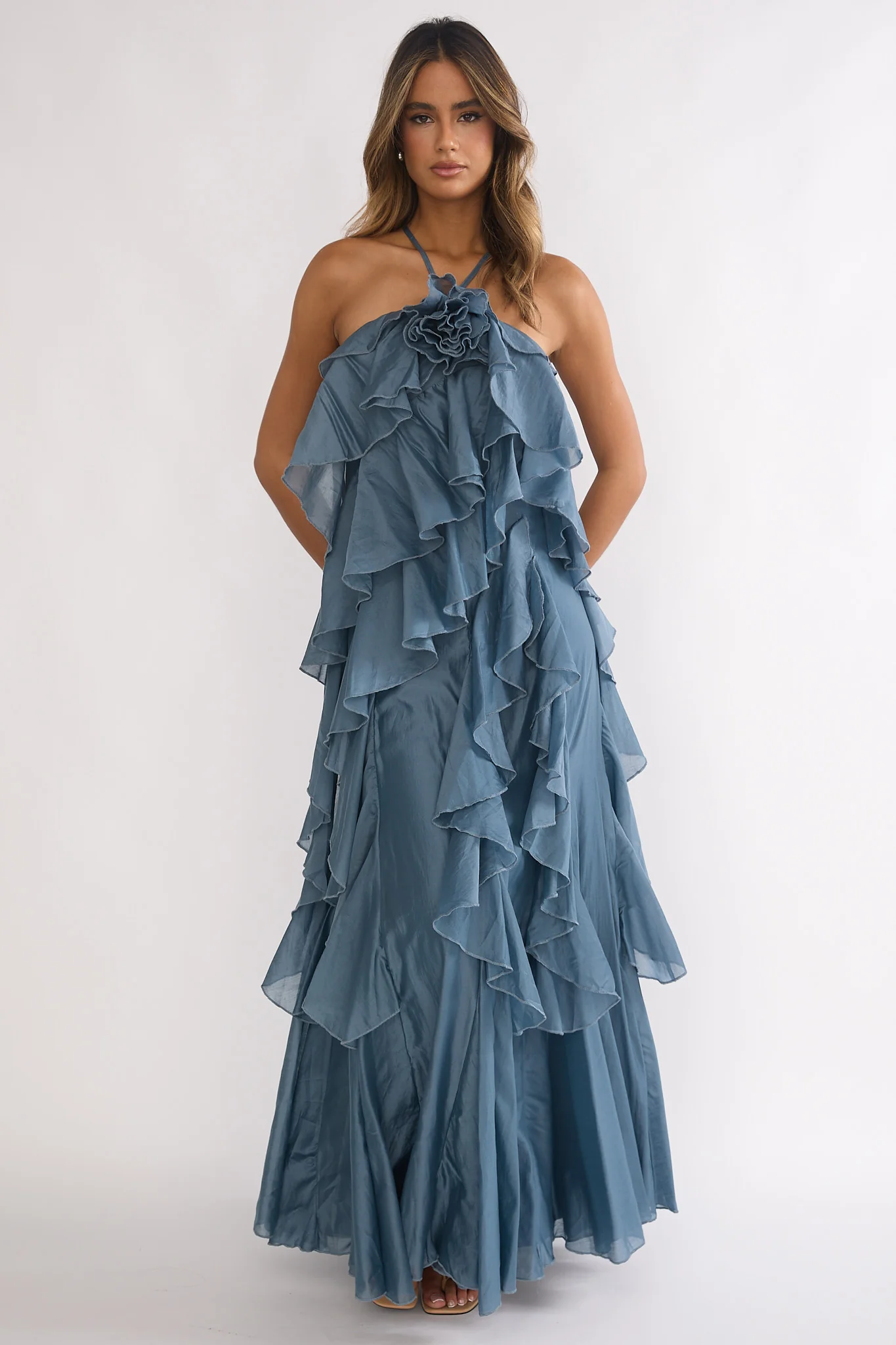Oceara Ruffle Trim Spaghetti Strap Maxi Dress Slate Blue - Image 3