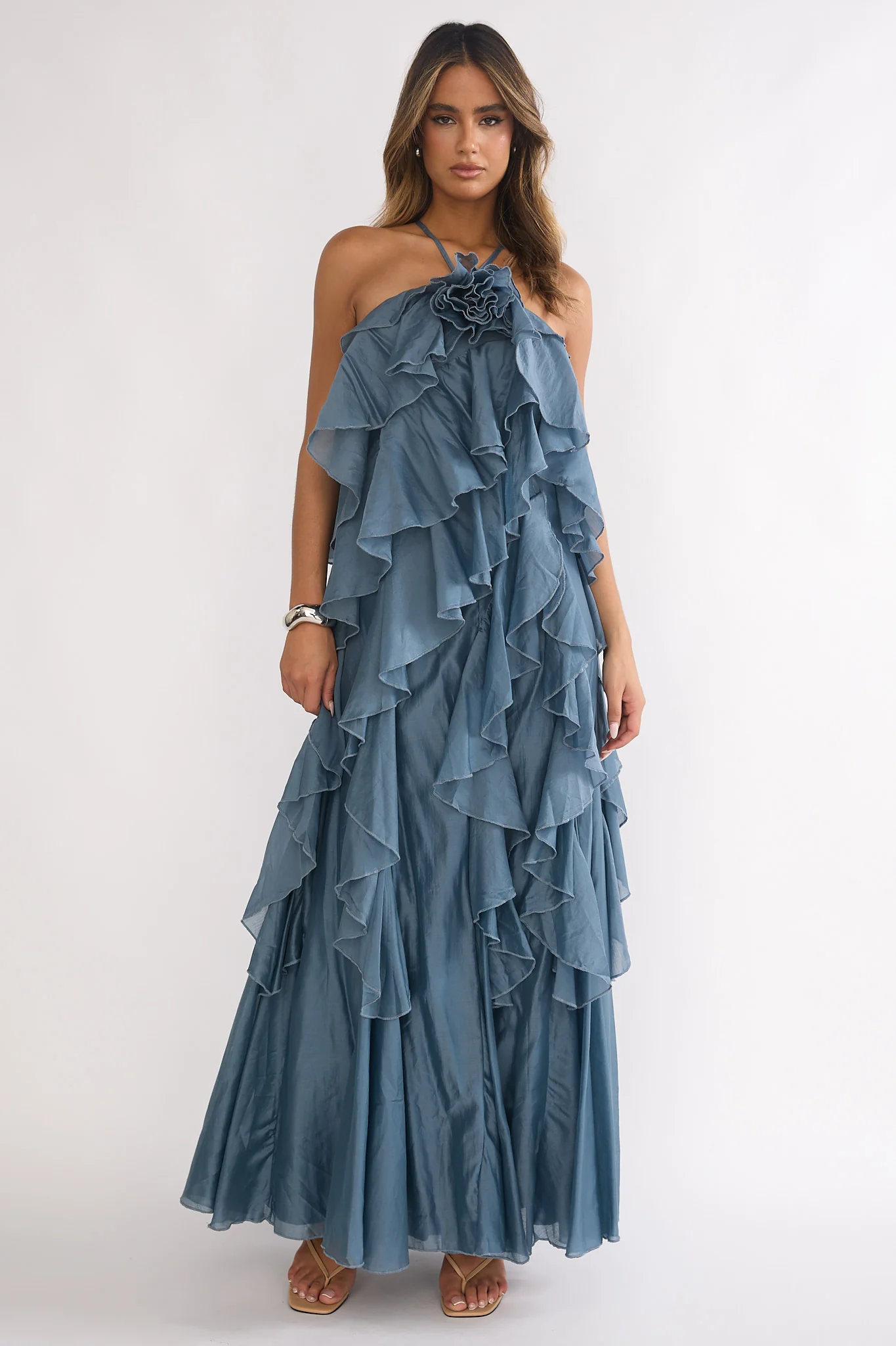 Oceara Ruffle Trim Spaghetti Strap Maxi Dress Slate Blue - Image 5