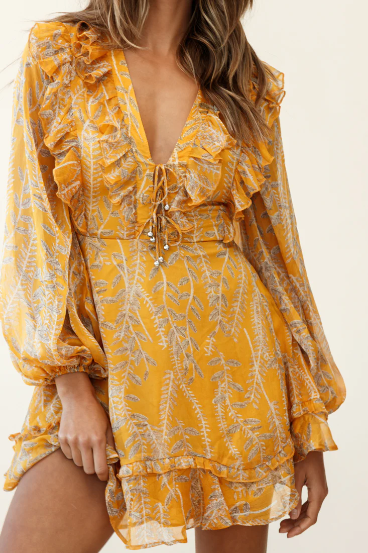 Odette Long Sleeve String Tie Neckline Vine Print Dress Mustard - Image 5