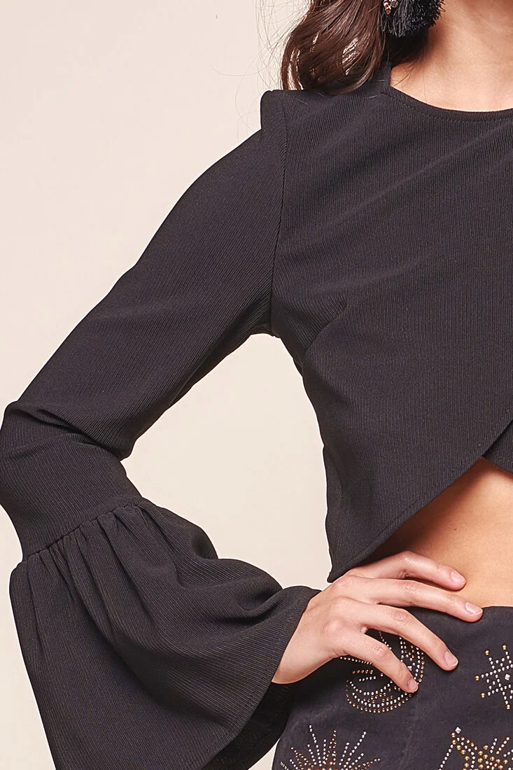 Odeya Asymmetrical Bell Sleeve Crop Top Black - Image 7