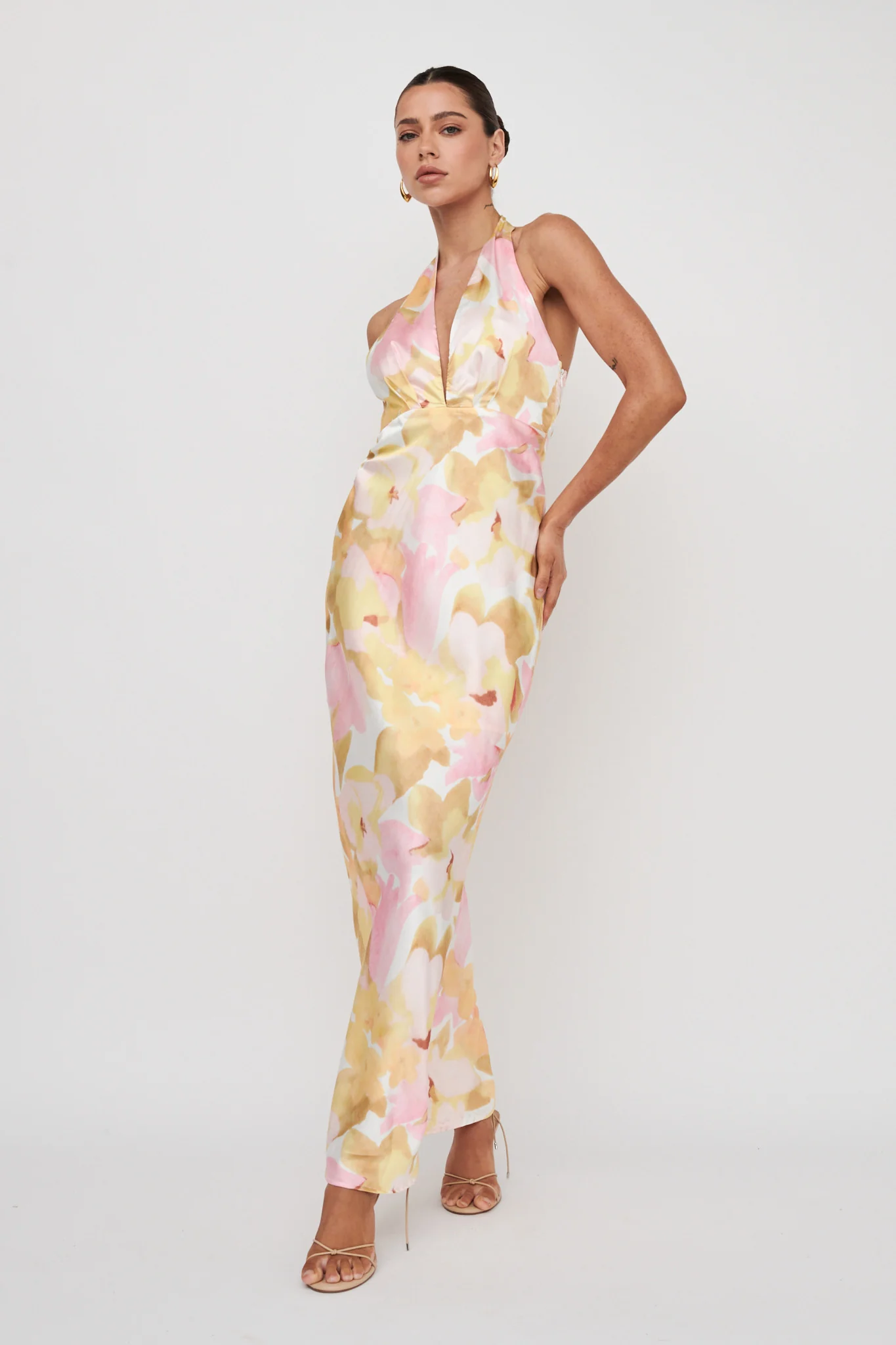 Of Your Dreams Plunging Halter Dress Floral Pink - Image 3