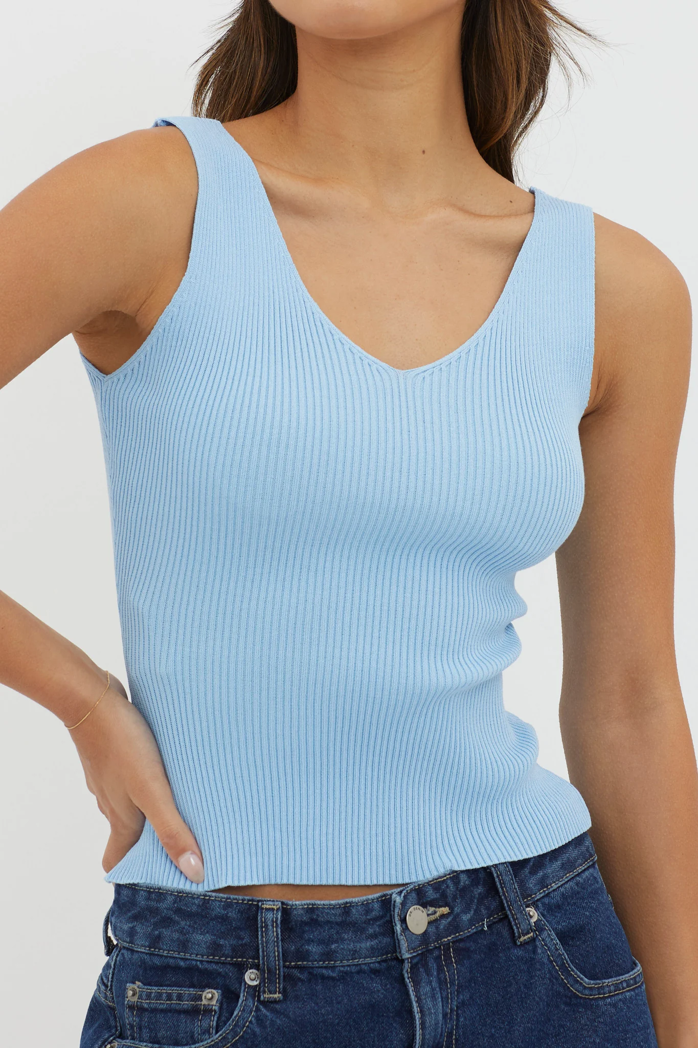 Off-Duty V-Neck Ribbed Knit Top Baby Blue - Image 4