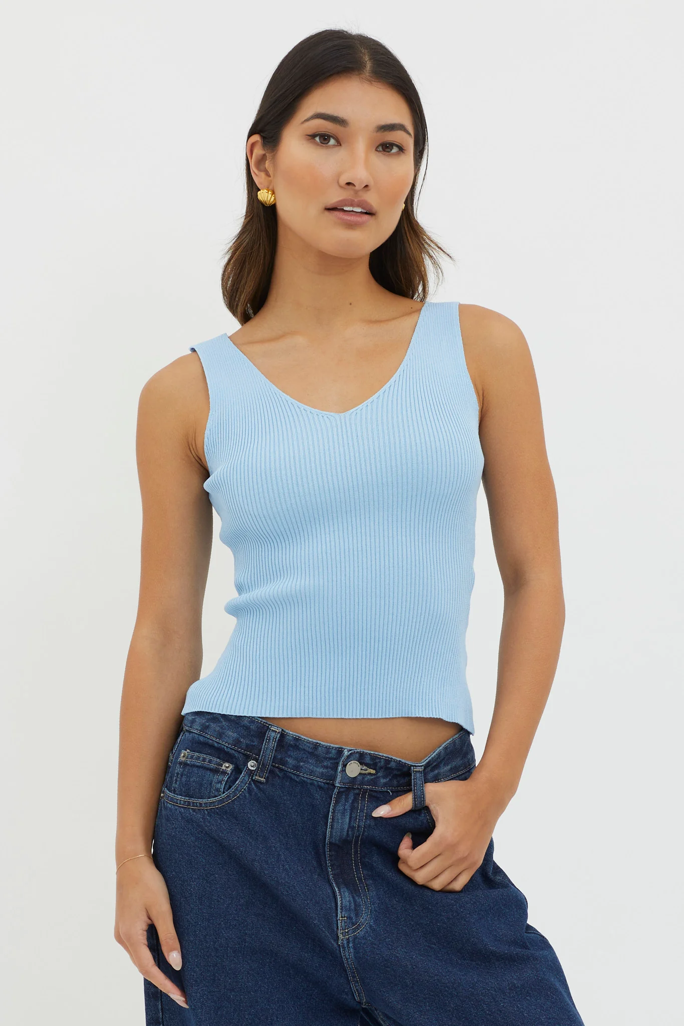 Off-Duty V-Neck Ribbed Knit Top Baby Blue - Image 5