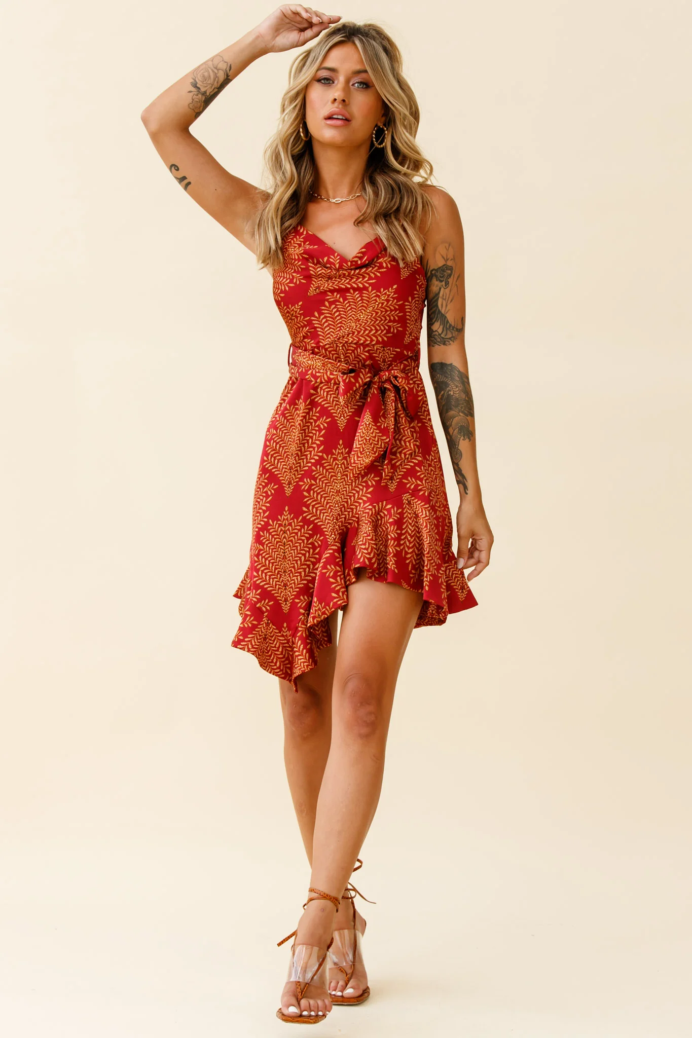 On The Prowl Cowl Neck Asymmetrical Hem Dress Leaf Print Wine - Image 2