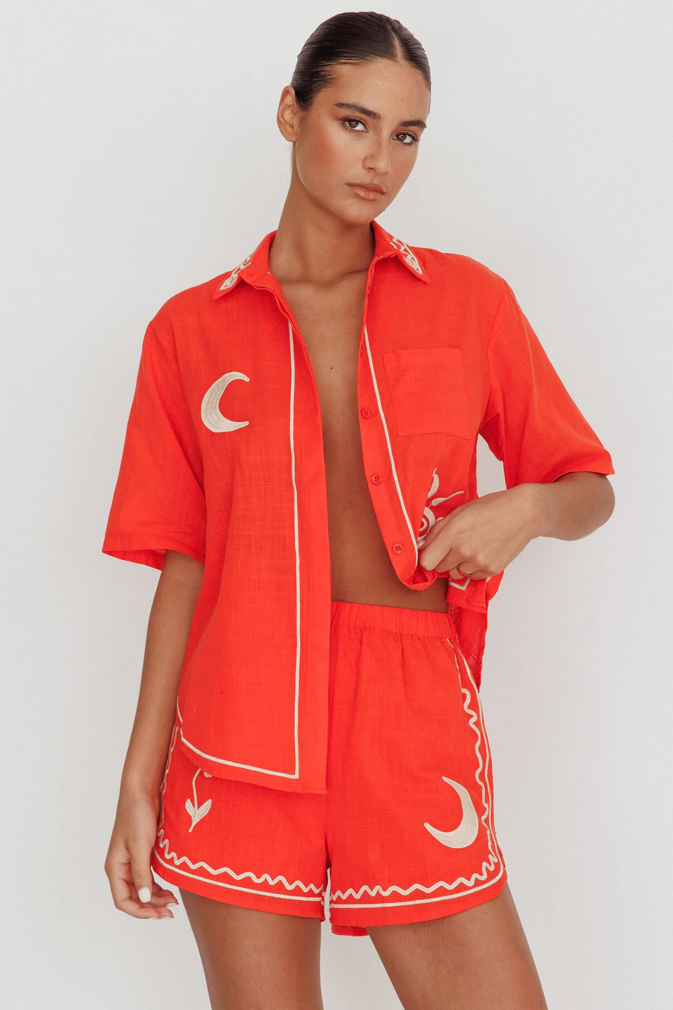 On Vacay Elastic Waist Embroidered Shorts Orange - Image 2