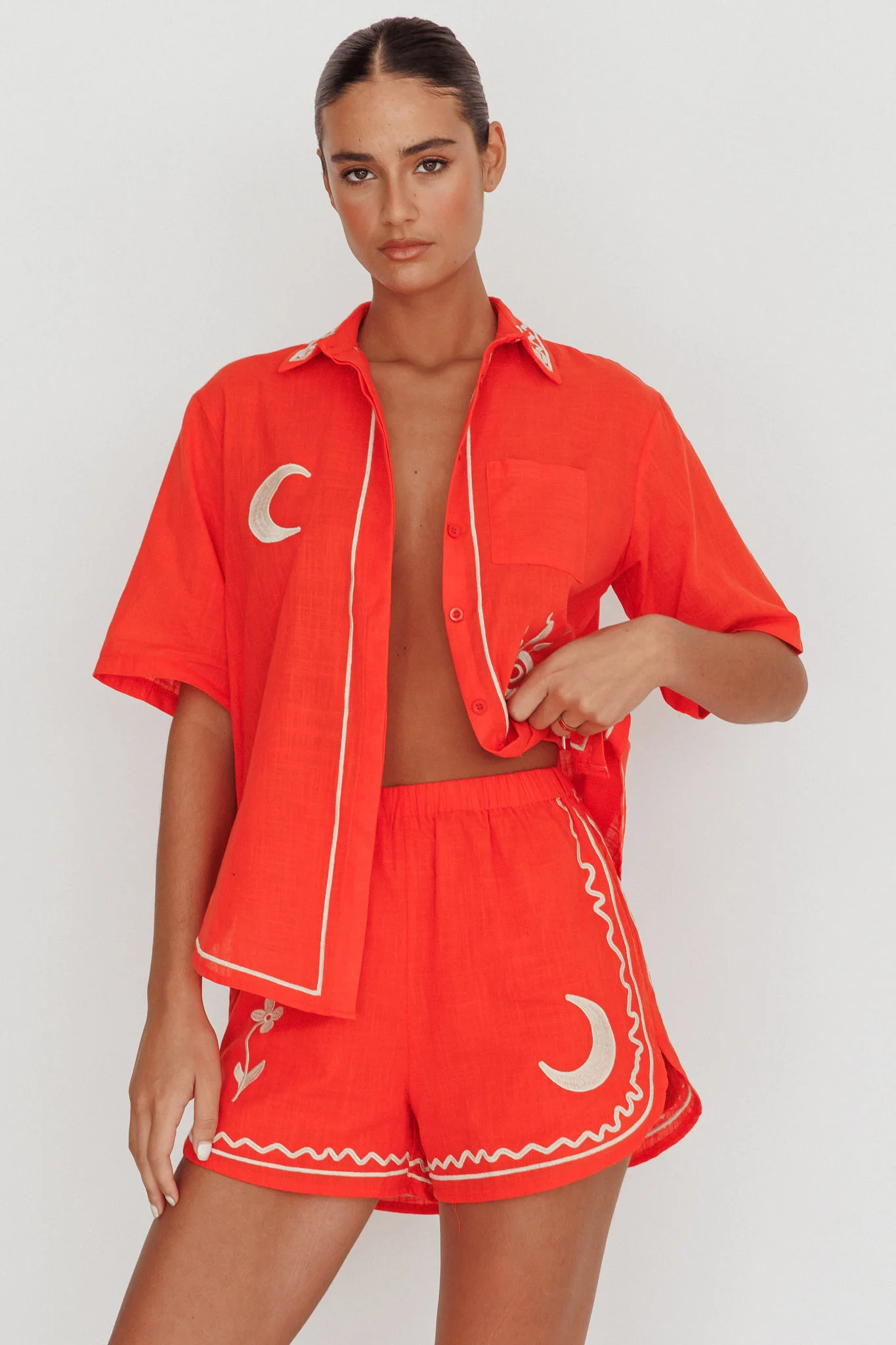 On Vacay Elastic Waist Embroidered Shorts Orange - Image 5