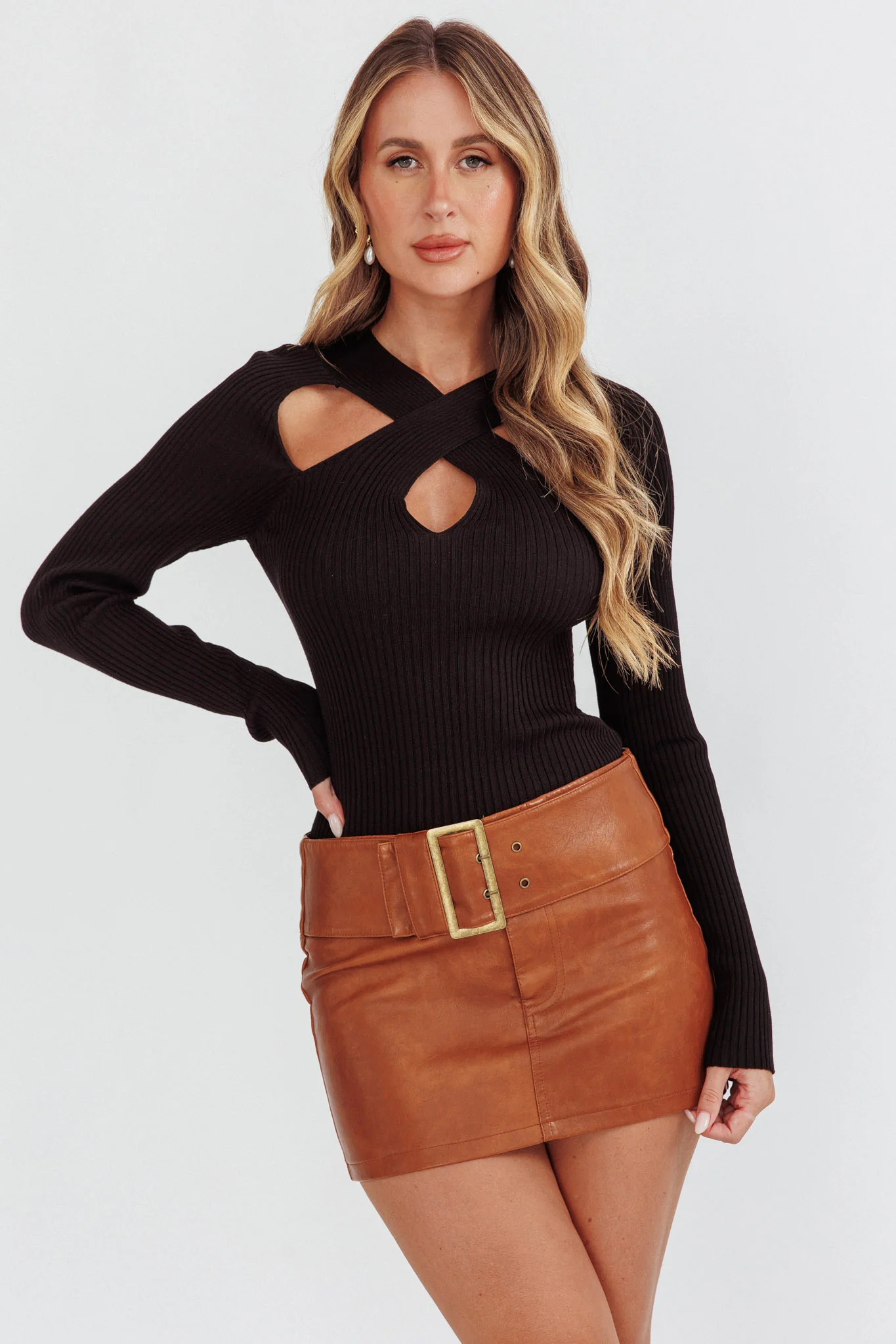 One Mind Cut-Out Neckline Knit Top Black - Image 5