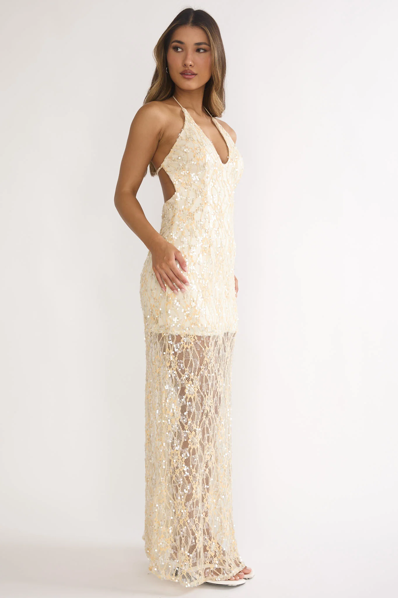 One Night Halterneck Maxi Dress Sequin Butter - Image 6