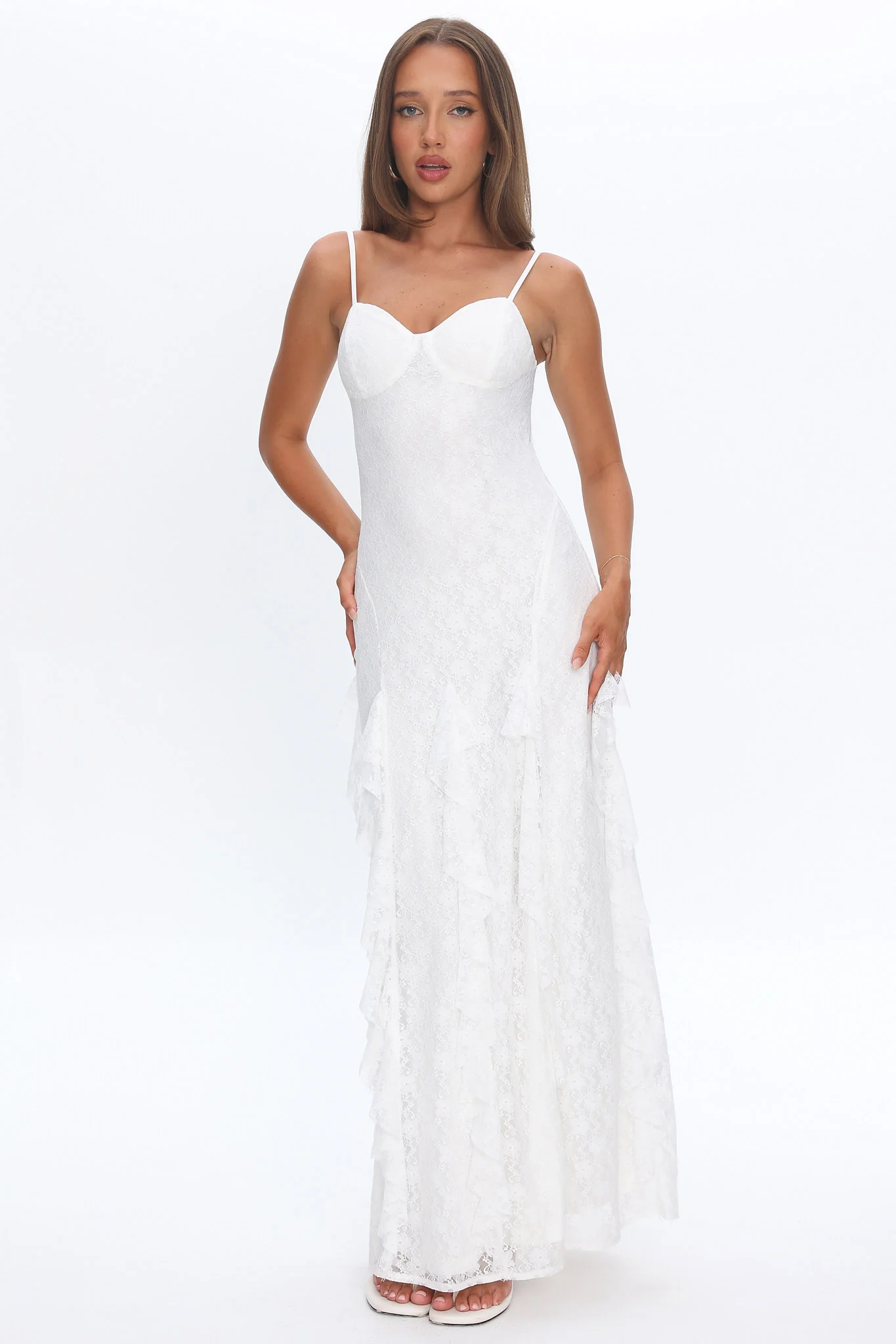 Onique Lace-Up Back Split Maxi Dress Lace White - Image 4