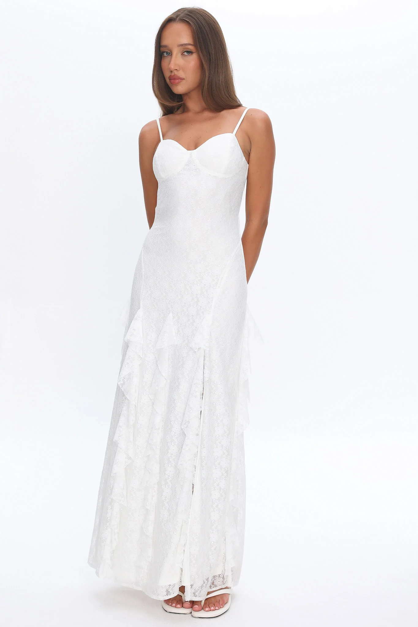 Onique Lace-Up Back Split Maxi Dress Lace White - Image 5