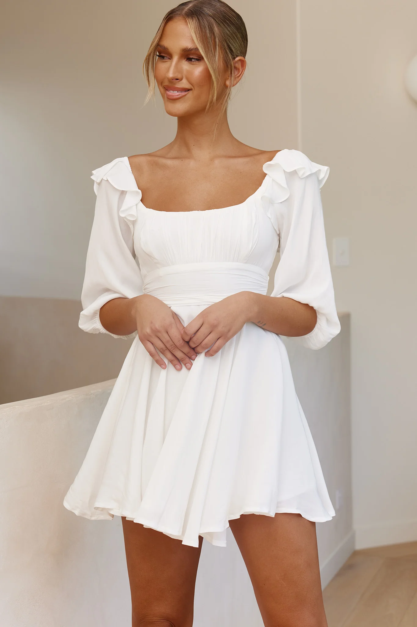 Only Yours Frill Trim Waist Tie Satin Mini Dress White - Image 4