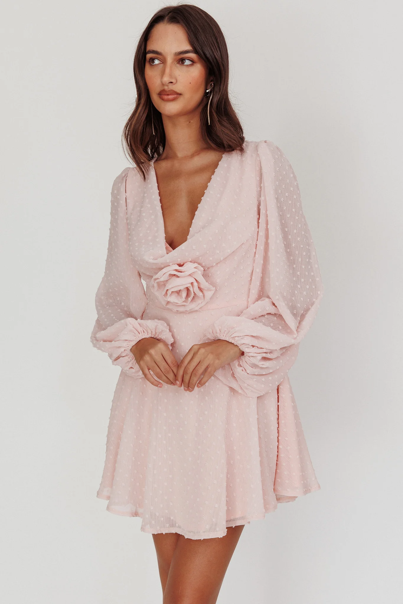 Open Heart Long Sleeve Rosette Mini Dress Baby Pink - Image 6