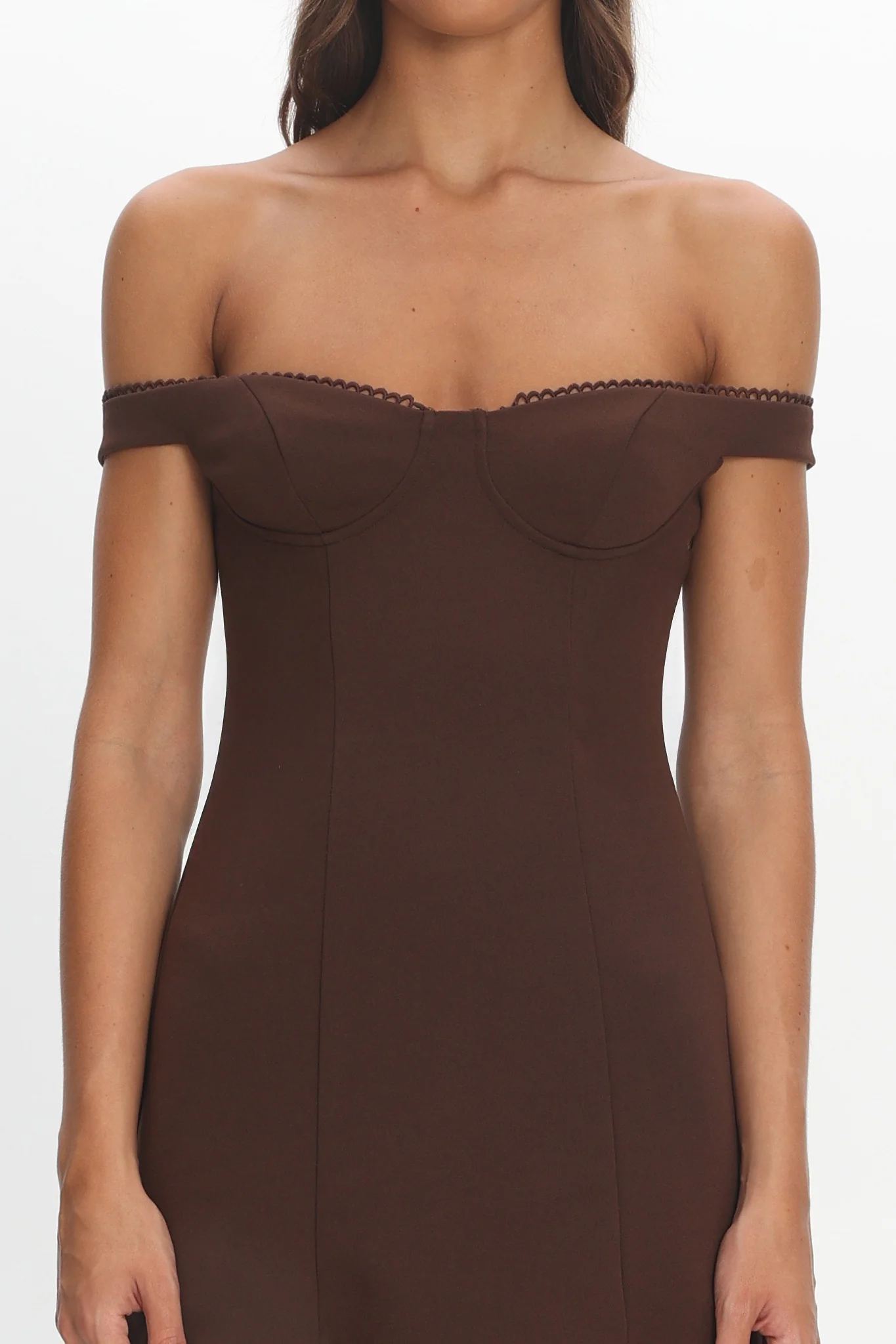 Opulent Off-Shoulder Sheer Hem Maxi Dress Chocolate - Image 2