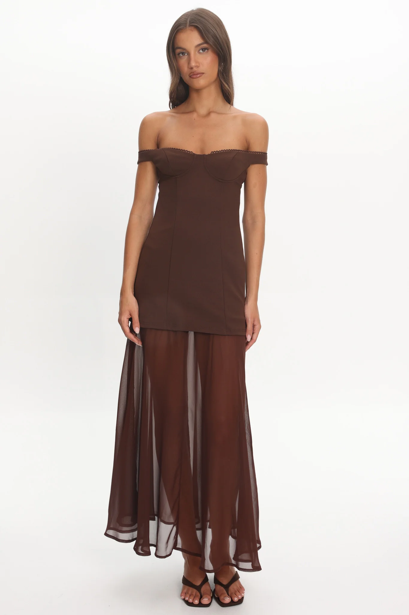 Opulent Off-Shoulder Sheer Hem Maxi Dress Chocolate - Image 4