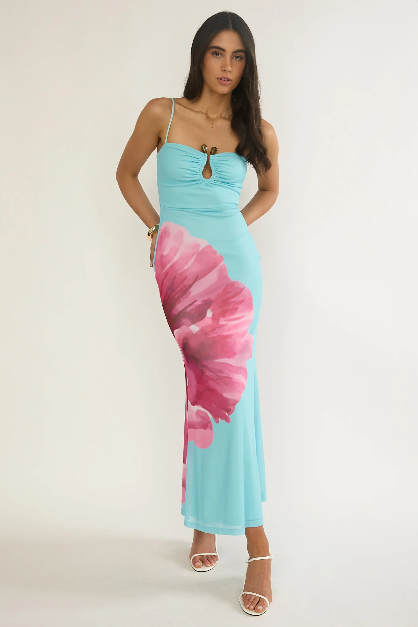 Orabella Waterdrop Wire Bust Maxi Dress Floral Aqua - Image 4