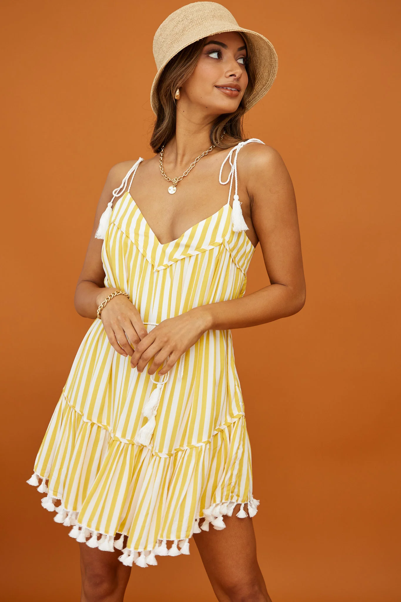 Orlando Tassel Trim Tied Shoulder Swing Dress Yellow Stripe - Image 5