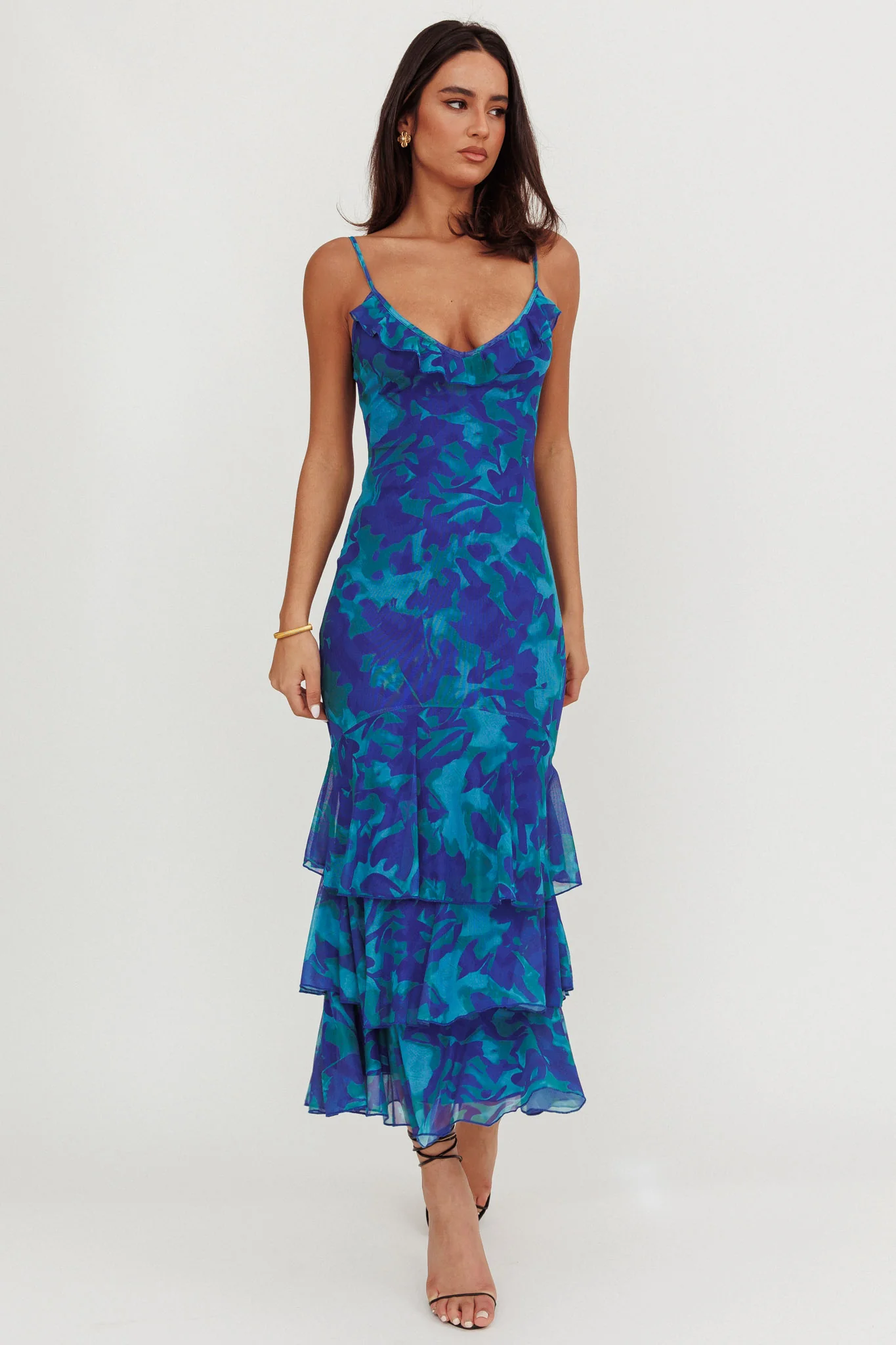 Oskar Tiered Ruffle Hem Mermaid Maxi Dress Abstract Blue - Image 2