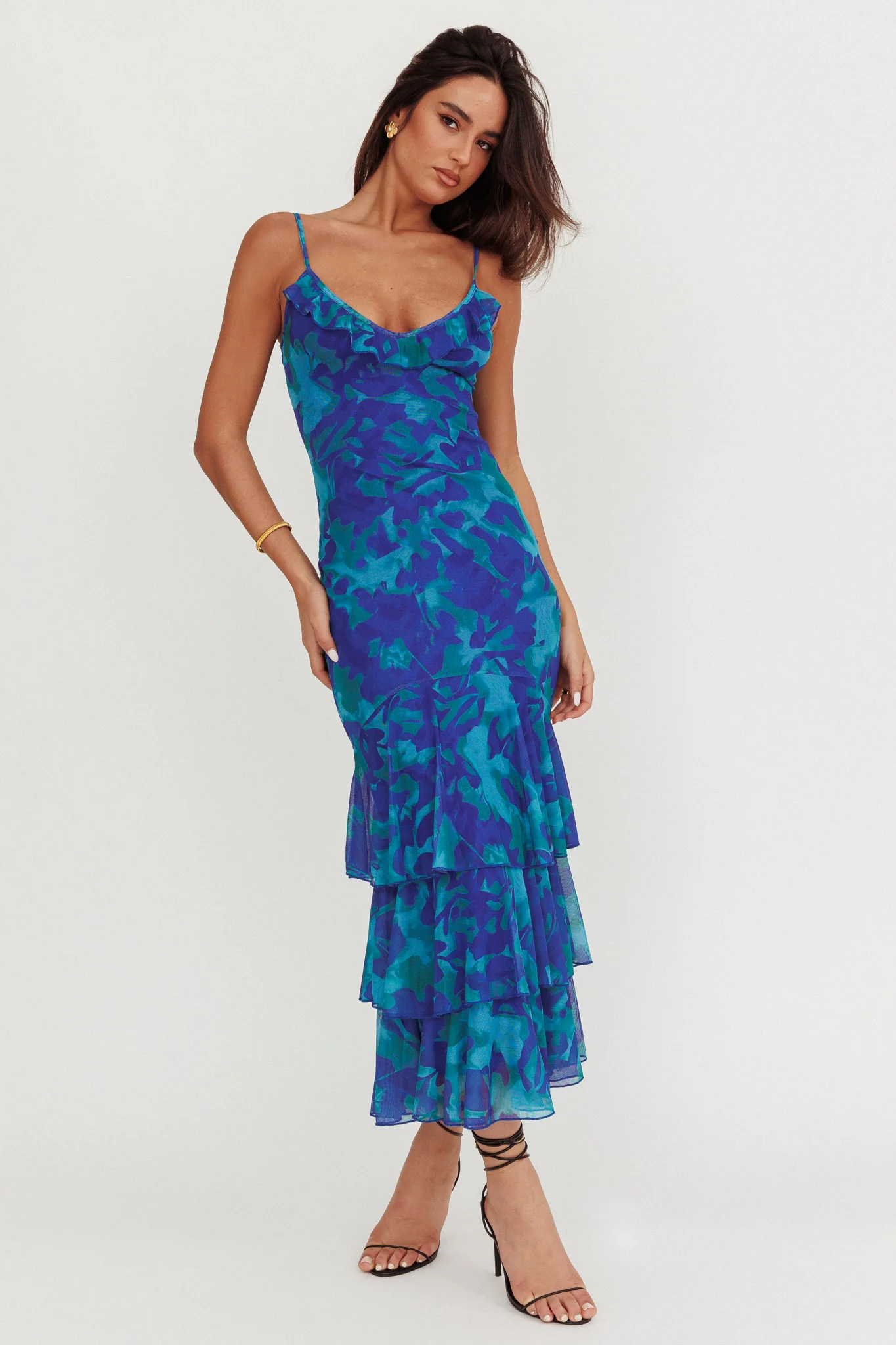 Oskar Tiered Ruffle Hem Mermaid Maxi Dress Abstract Blue - Image 5