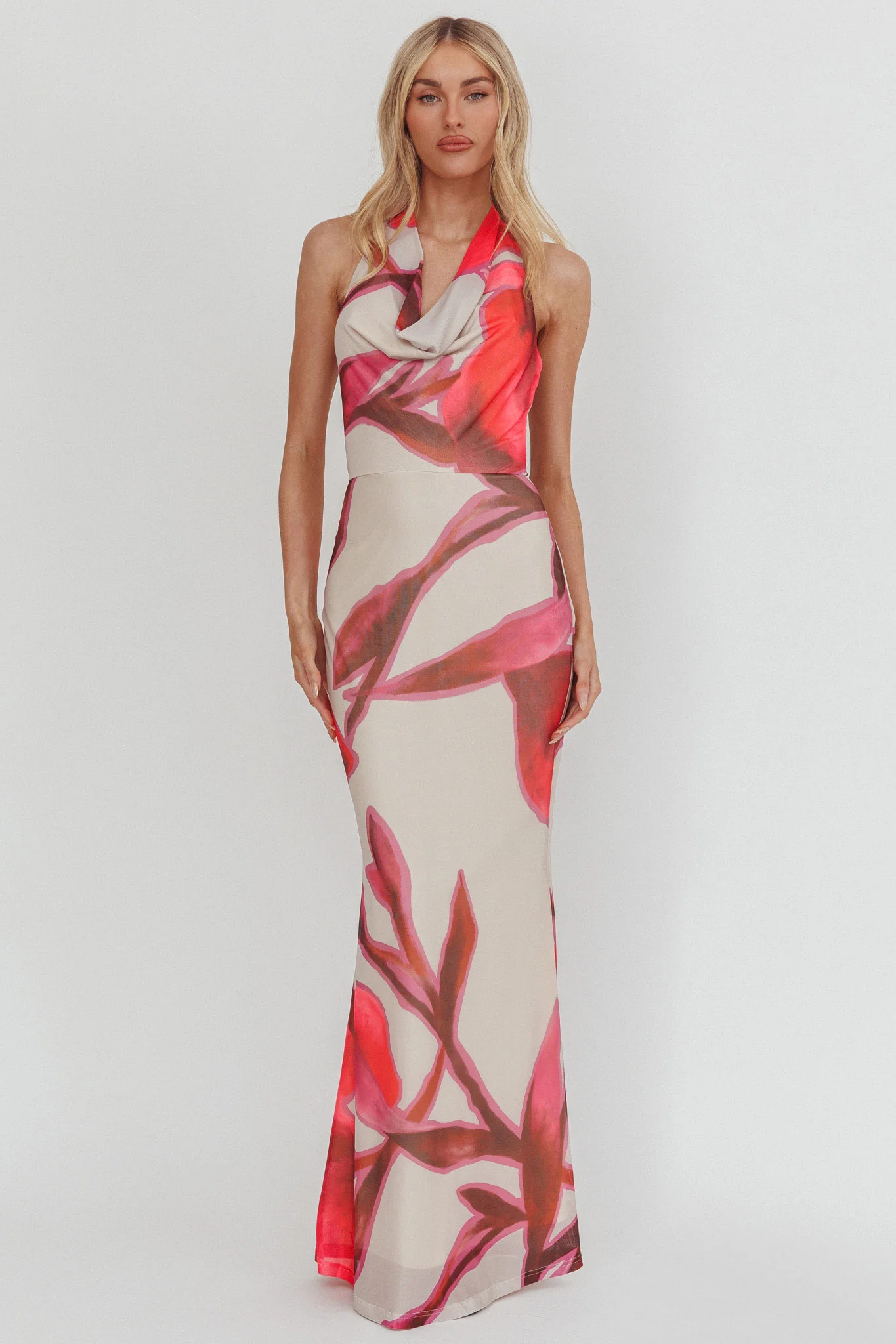 Outlier Cowl Halterneck Maxi Dress Print Beige - Image 5