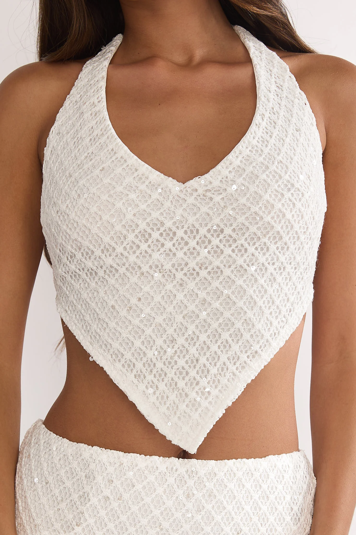 Palaya Crochet Knit Halter Top Sequin Cream - Image 3