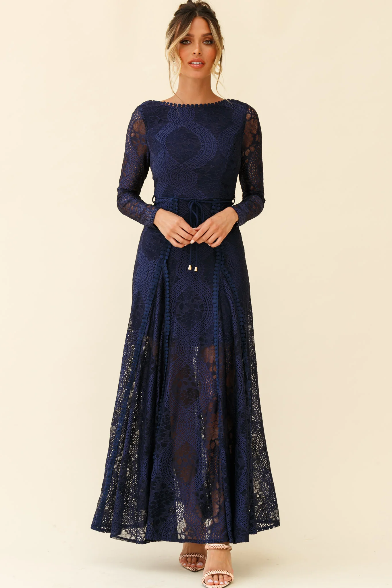 Palm Springs Long Sleeve Lace Overlay Maxi Dress Navy - Image 5