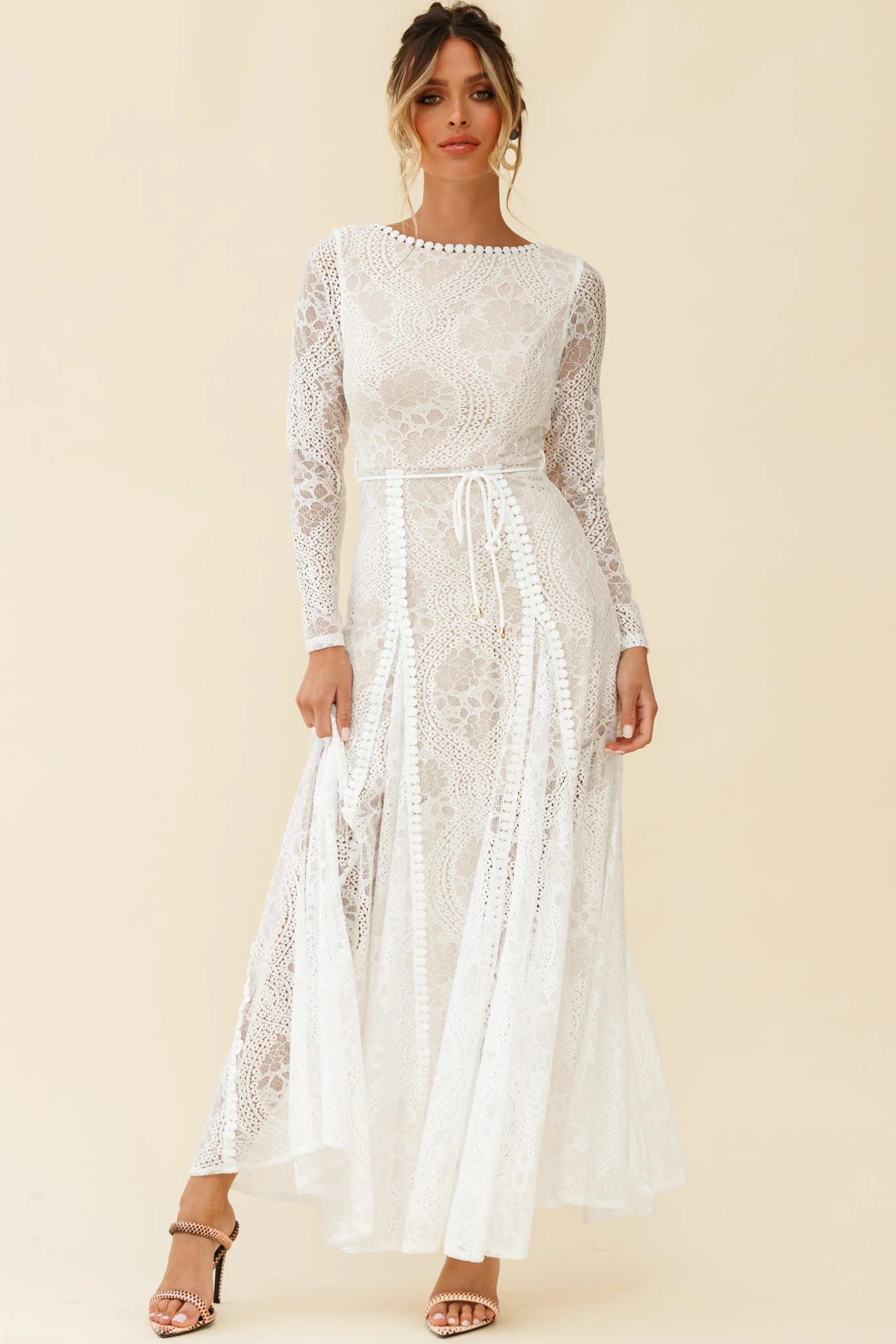 Palm Springs Long Sleeve Lace Overlay Maxi Dress White - Image 3