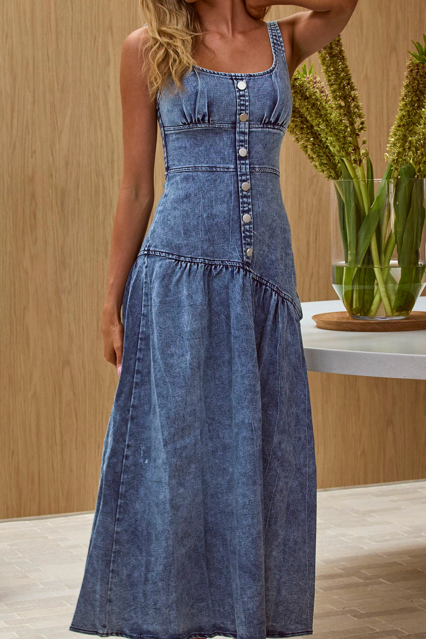 Pansy Scoop Neck Flounce Hem Maxi Dress Denim - Image 4