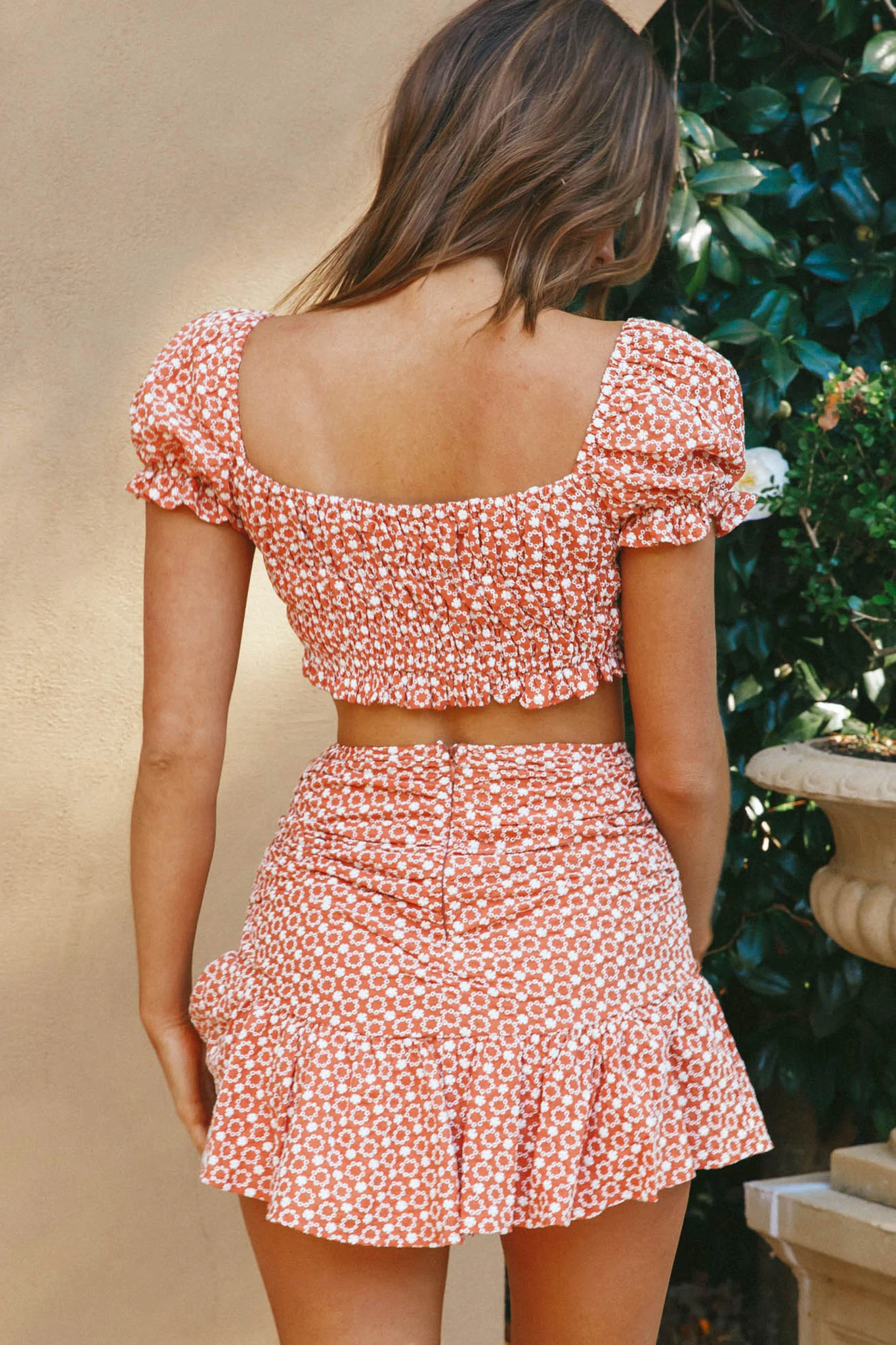 Paradis Ruched Eyelet Embroidery Mini Skirt Terracotta - Image 2